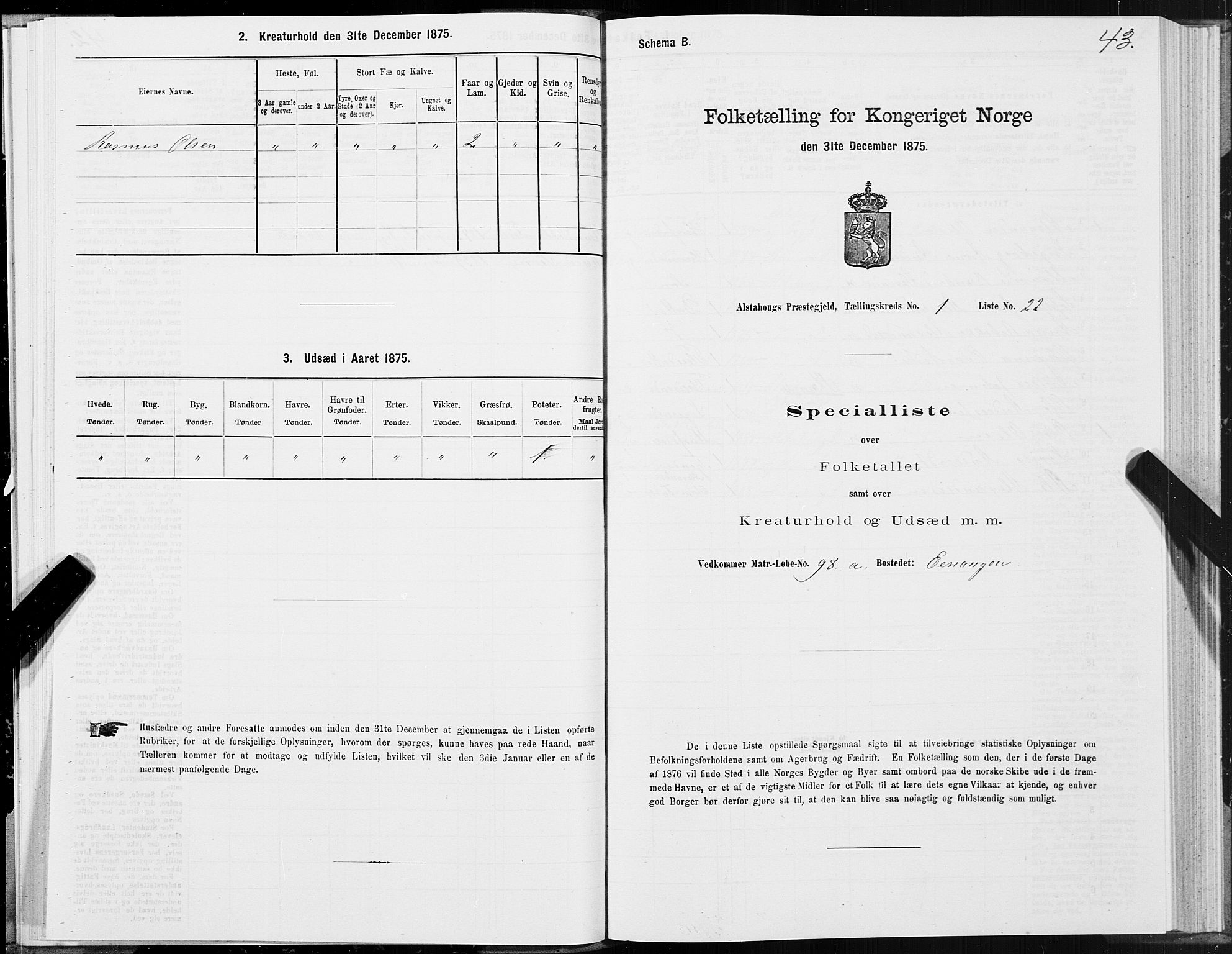 SAT, 1875 census for 1820P Alstahaug, 1875, p. 1043