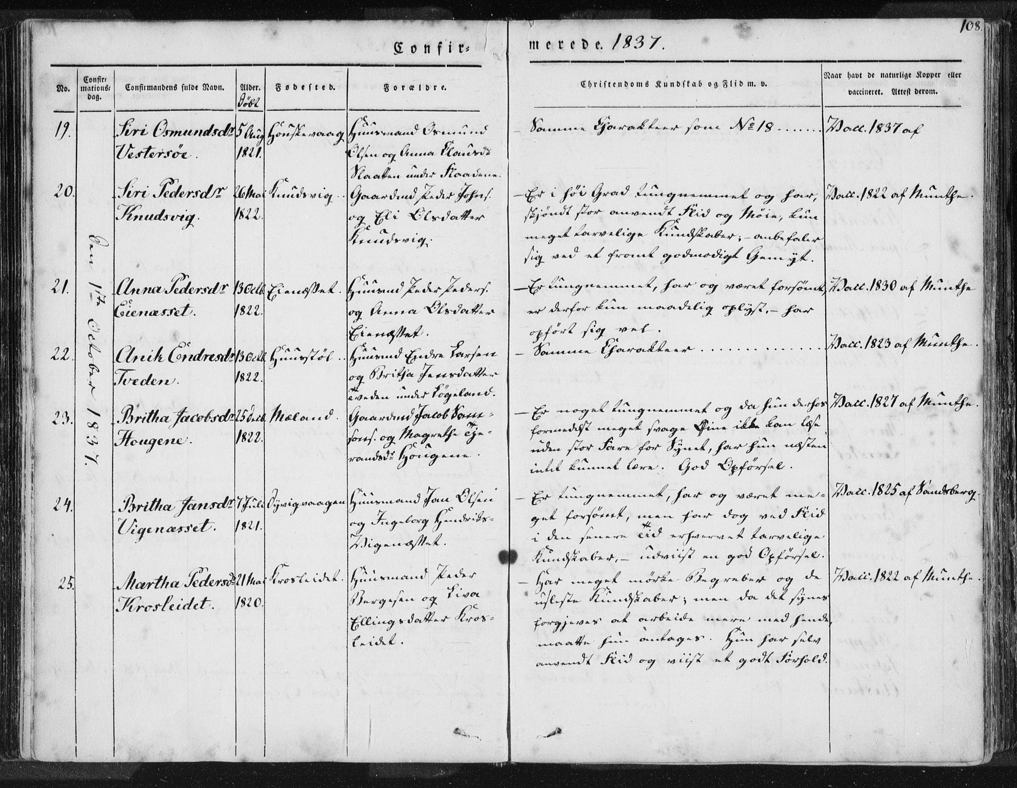 Hjelmeland sokneprestkontor, AV/SAST-A-101843/01/IV/L0006: Parish register (official) no. A 6, 1834-1845, p. 108