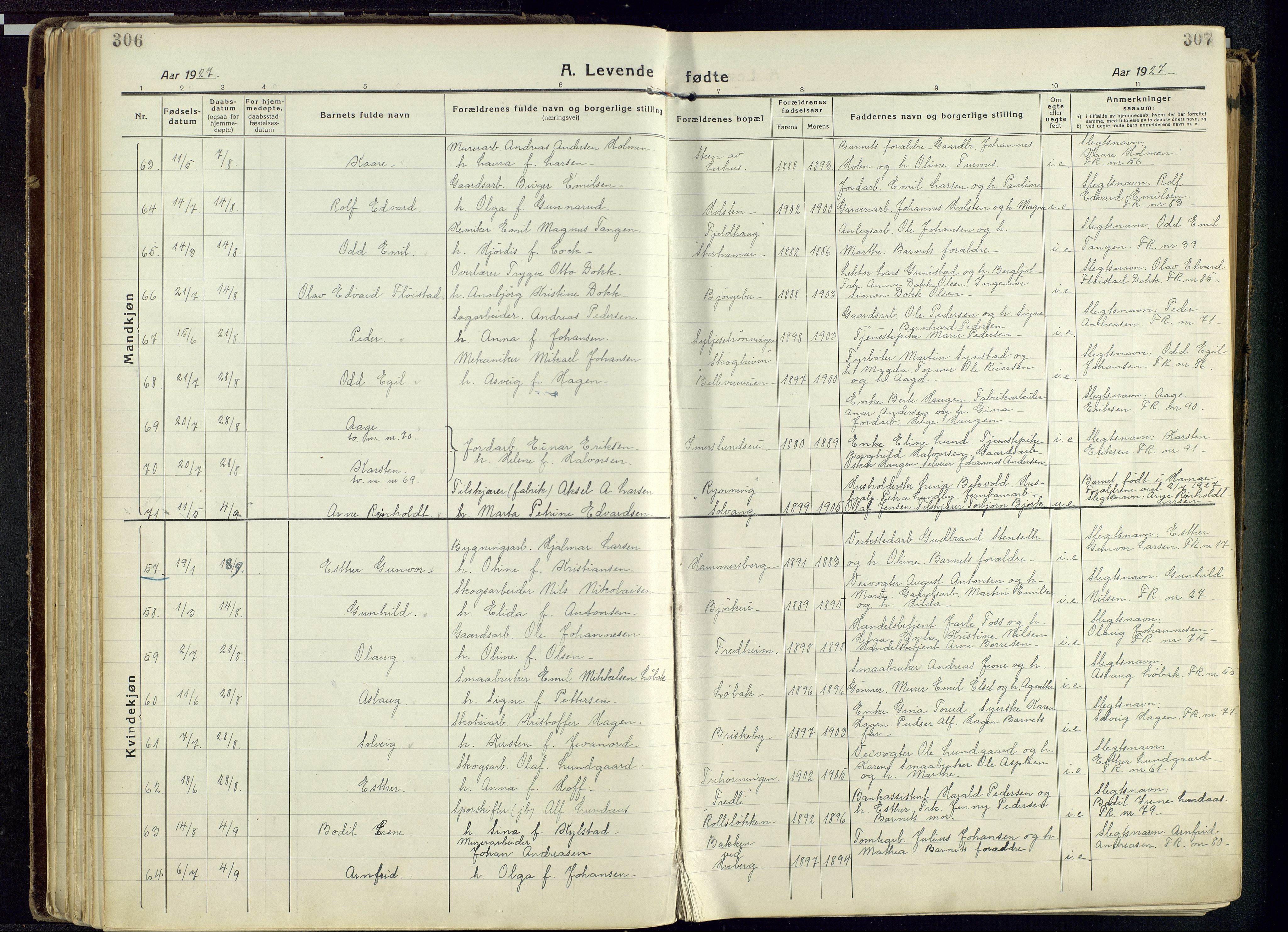 Vang prestekontor, Hedmark, AV/SAH-PREST-008/H/Ha/Haa/L0022: Parish register (official) no. 22, 1918-1944, p. 306-307