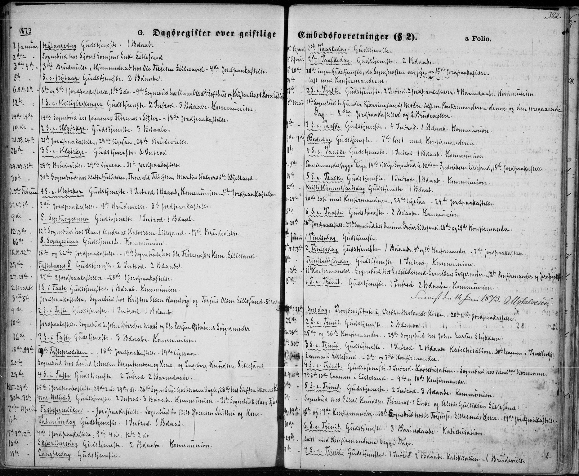 Vestre Moland sokneprestkontor, SAK/1111-0046/F/Fa/Fab/L0008: Parish register (official) no. A 8, 1873-1883, p. 382