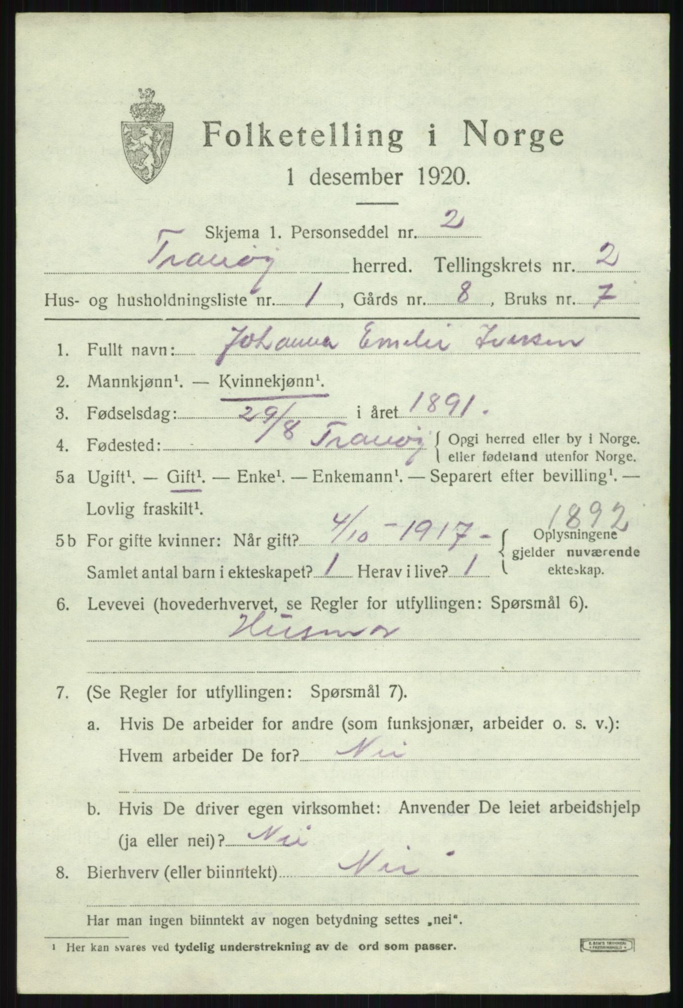 SATØ, 1920 census for Tranøy, 1920, p. 1157