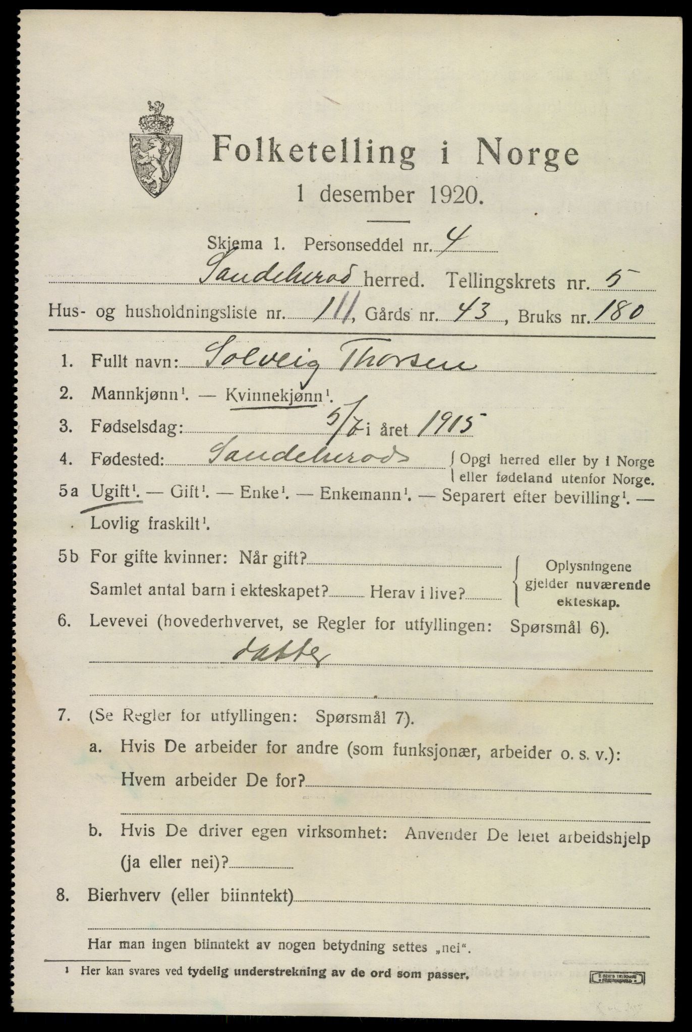 SAKO, 1920 census for Sandeherred, 1920, p. 9552