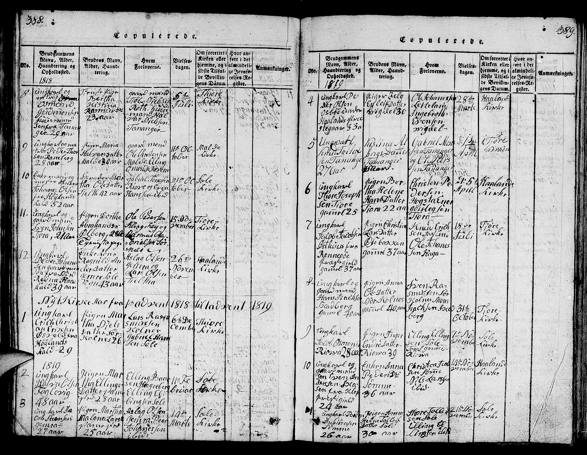 Håland sokneprestkontor, SAST/A-101802/001/30BB/L0001: Parish register (copy) no. B 1, 1815-1845, p. 388-389