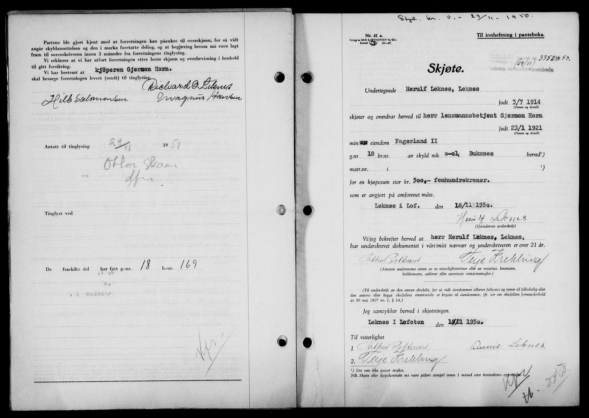 Lofoten sorenskriveri, SAT/A-0017/1/2/2C/L0025a: Mortgage book no. 25a, 1950-1951, Diary no: : 3352/1950