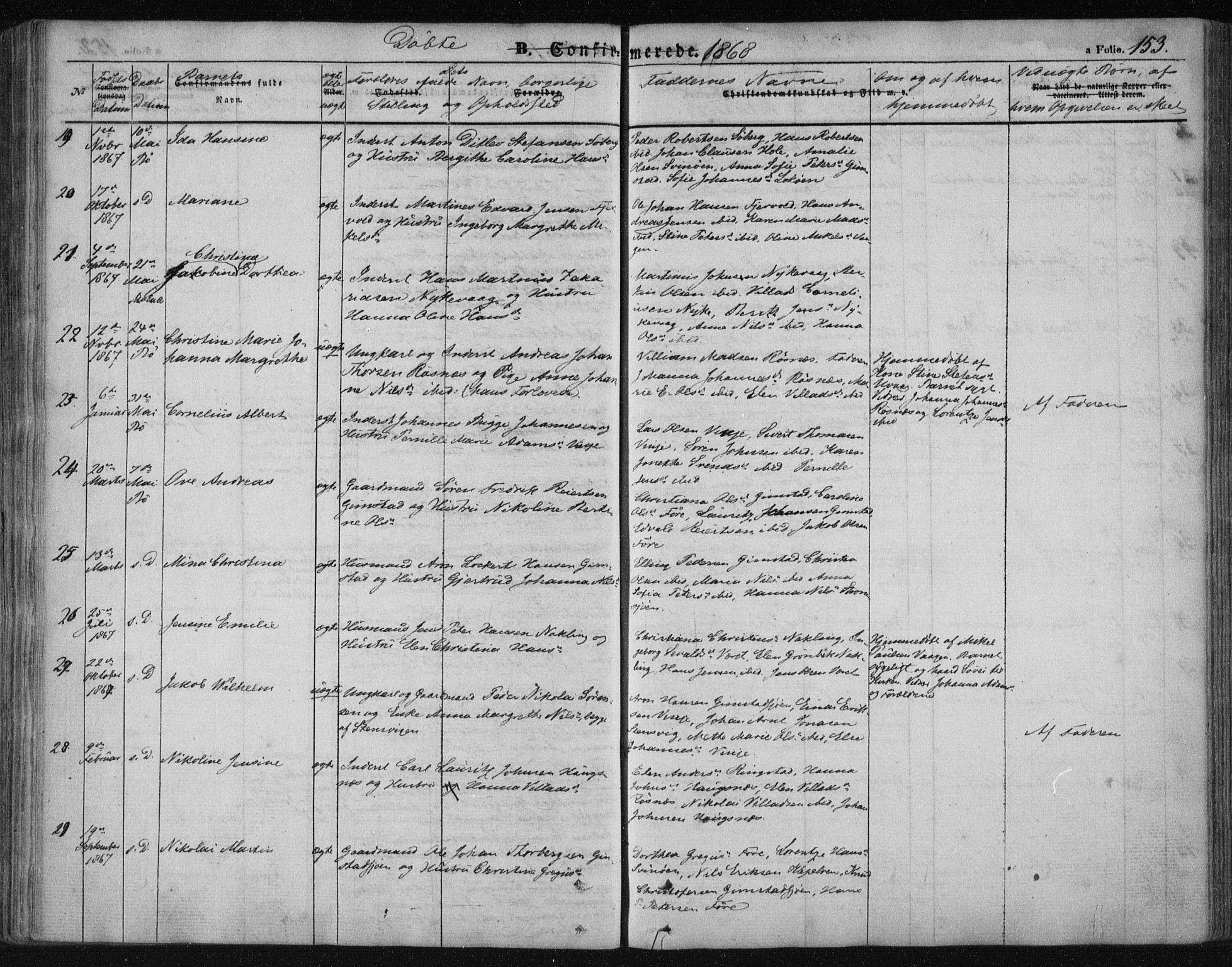 Ministerialprotokoller, klokkerbøker og fødselsregistre - Nordland, SAT/A-1459/891/L1300: Parish register (official) no. 891A05, 1856-1870, p. 153