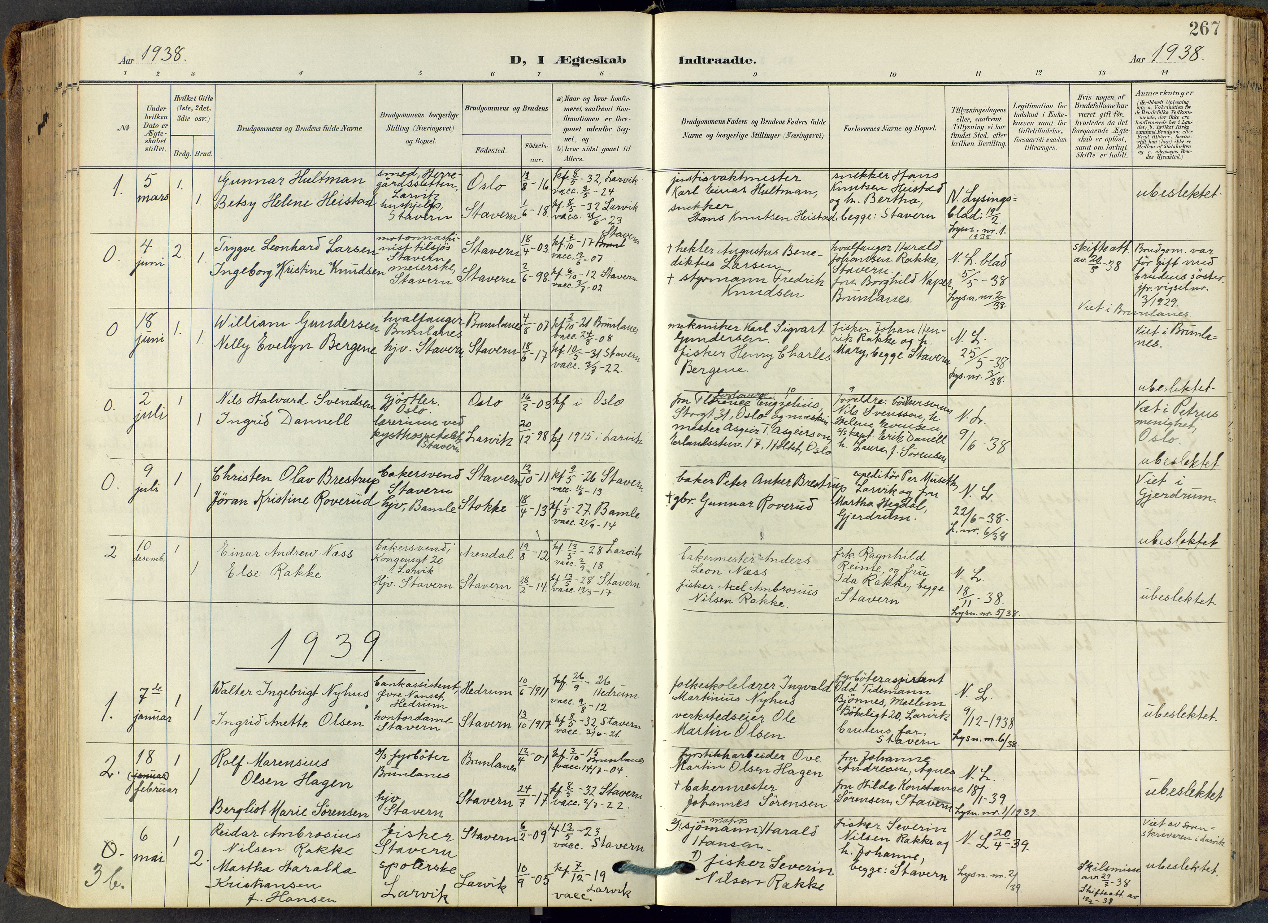 Stavern kirkebøker, SAKO/A-318/F/Fa/L0009: Parish register (official) no. 9, 1906-1955, p. 267