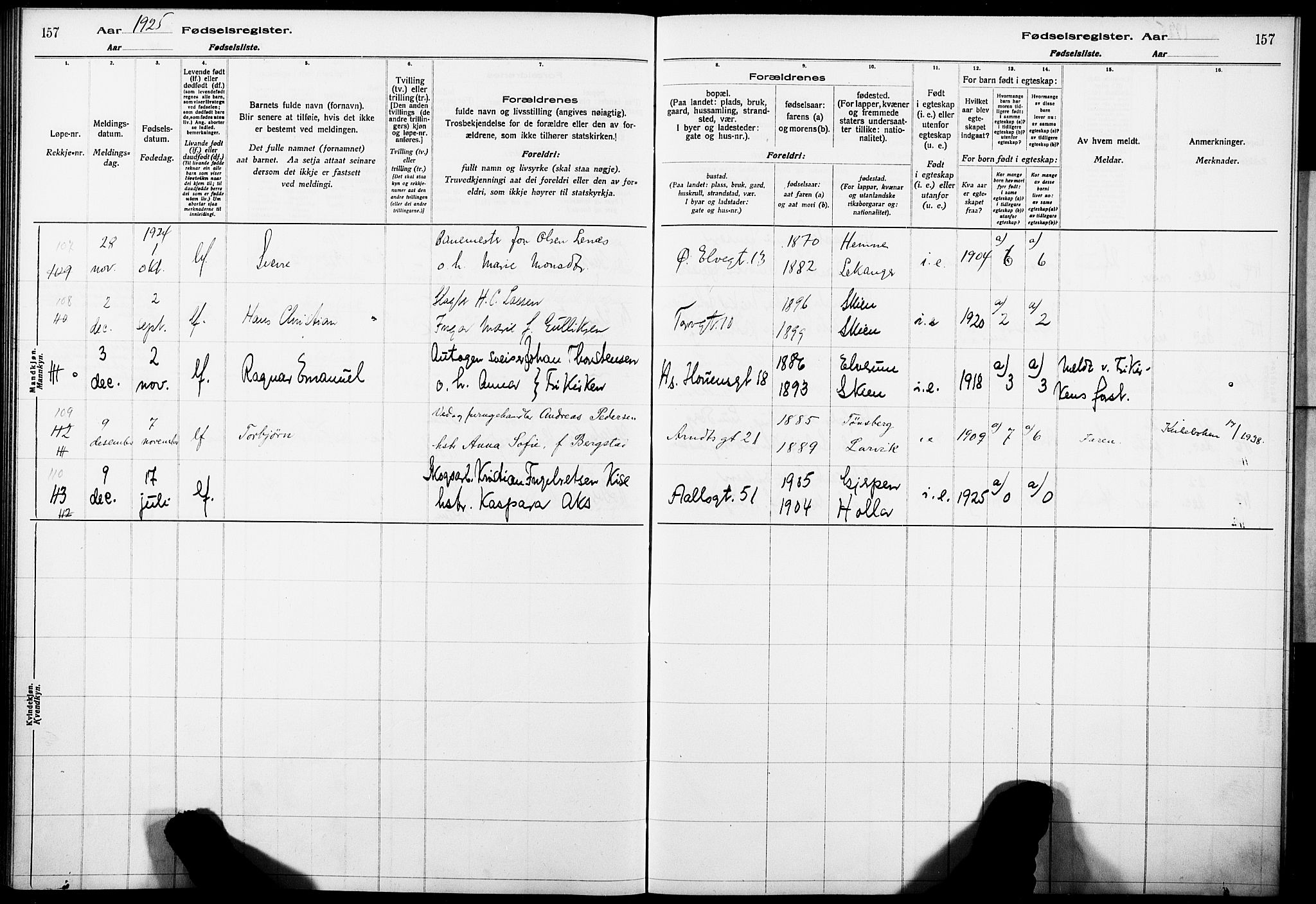 Skien kirkebøker, AV/SAKO-A-302/J/Ja/L0002: Birth register no. 2, 1921-1927, p. 157