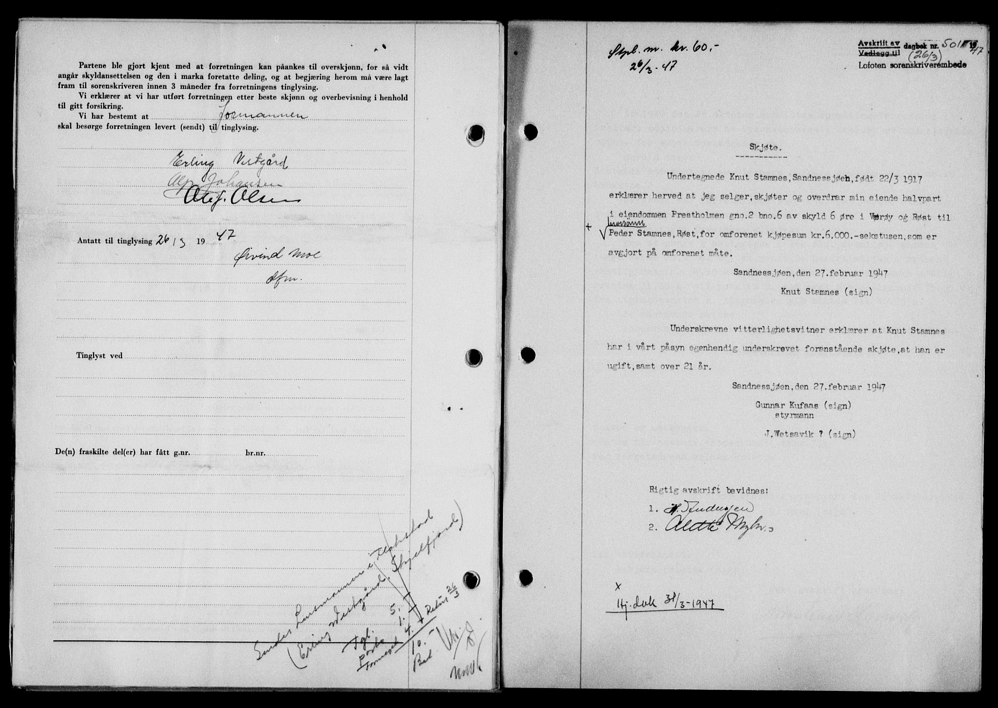 Lofoten sorenskriveri, SAT/A-0017/1/2/2C/L0015a: Mortgage book no. 15a, 1946-1947, Diary no: : 501/1947