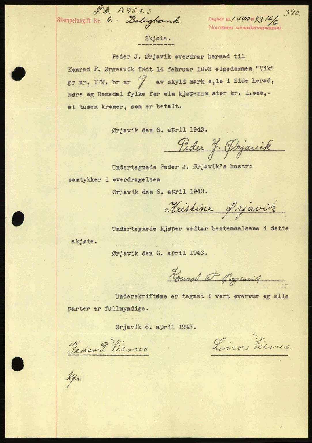 Nordmøre sorenskriveri, AV/SAT-A-4132/1/2/2Ca: Mortgage book no. A95, 1943-1943, Diary no: : 1449/1943