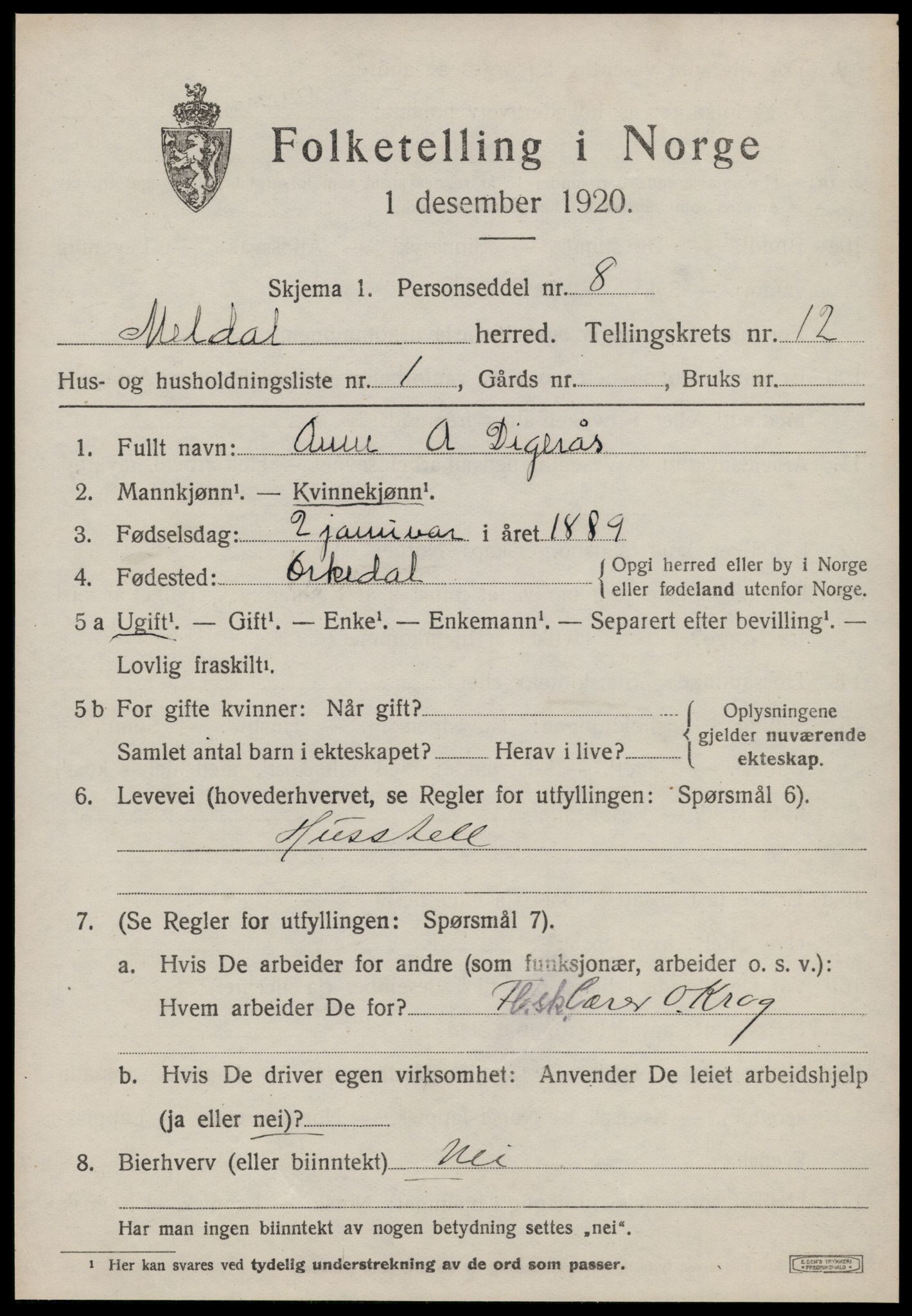 SAT, 1920 census for Meldal, 1920, p. 9145