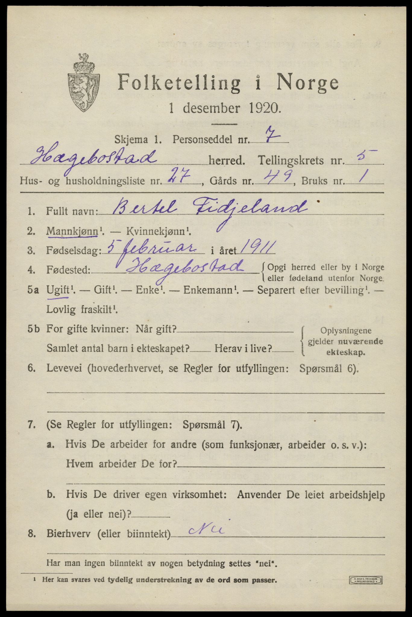 SAK, 1920 census for Hægebostad, 1920, p. 1993