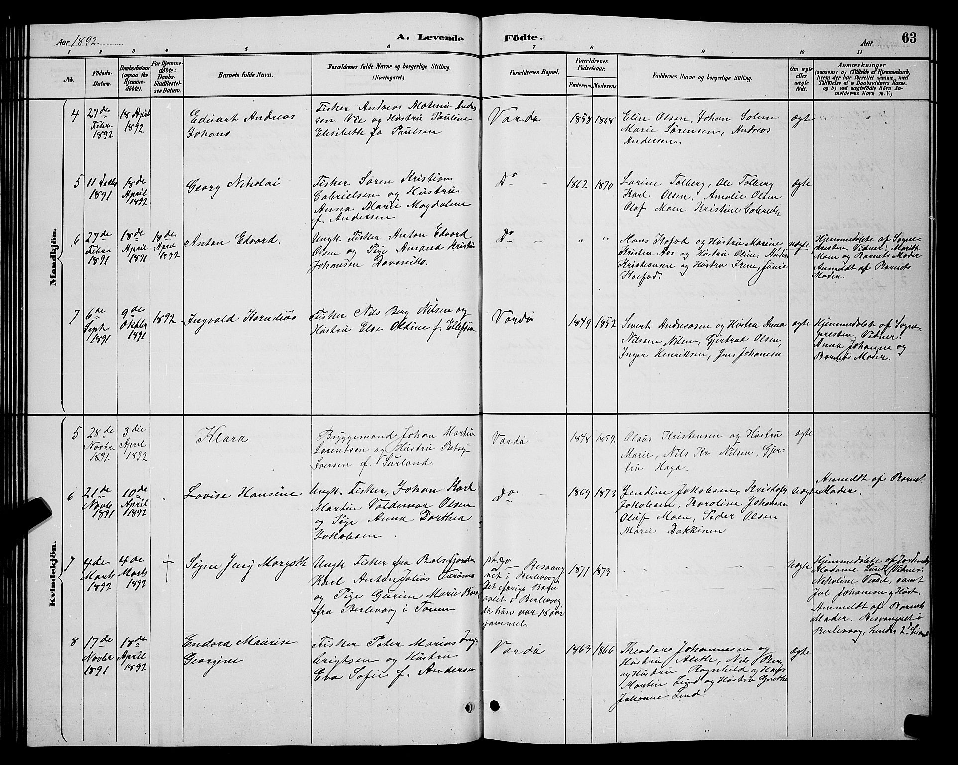 Vardø sokneprestkontor, AV/SATØ-S-1332/H/Hb/L0005klokker: Parish register (copy) no. 5, 1887-1892, p. 63