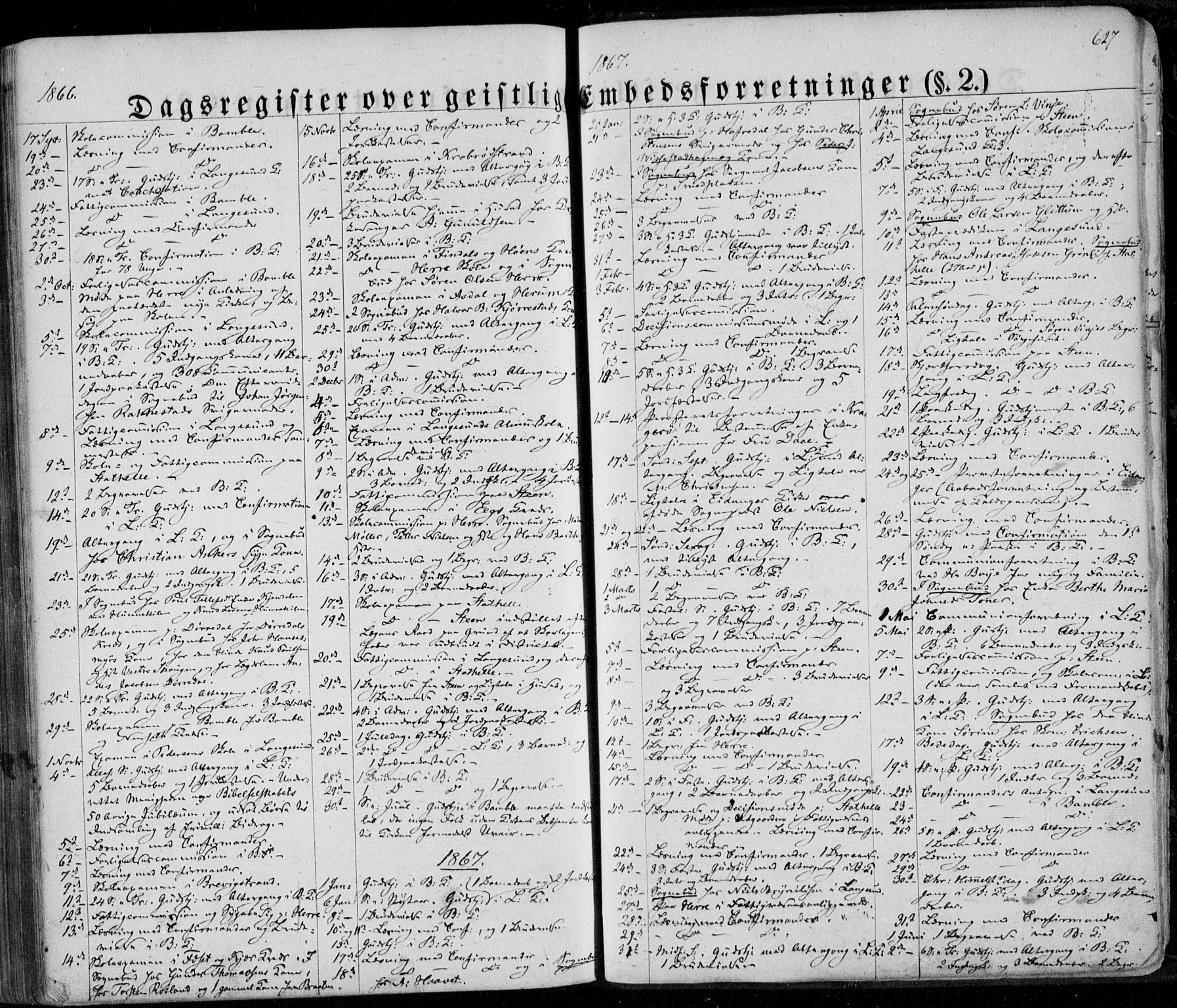 Bamble kirkebøker, SAKO/A-253/F/Fa/L0005: Parish register (official) no. I 5, 1854-1869, p. 627