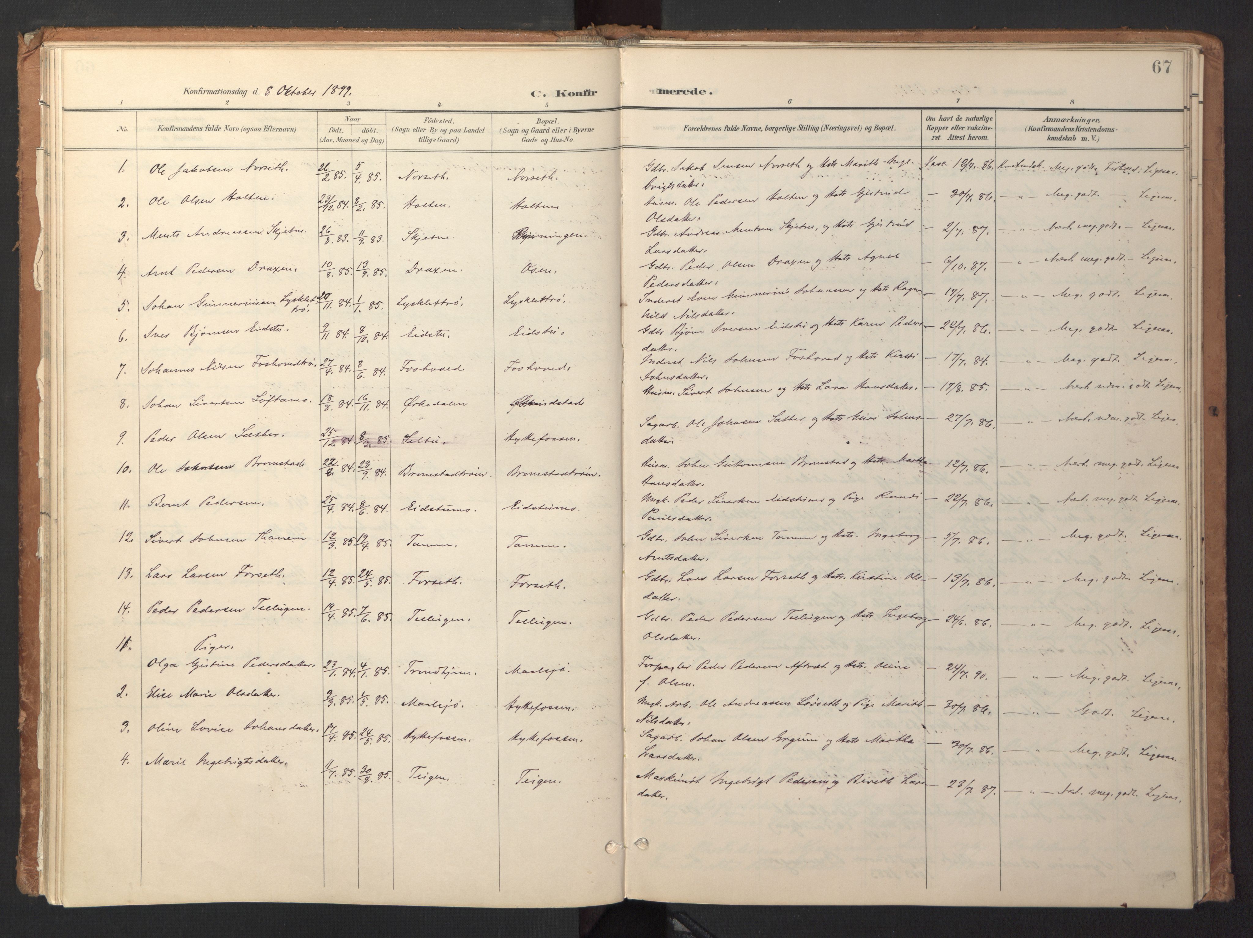 Ministerialprotokoller, klokkerbøker og fødselsregistre - Sør-Trøndelag, SAT/A-1456/618/L0448: Parish register (official) no. 618A11, 1898-1916, p. 67