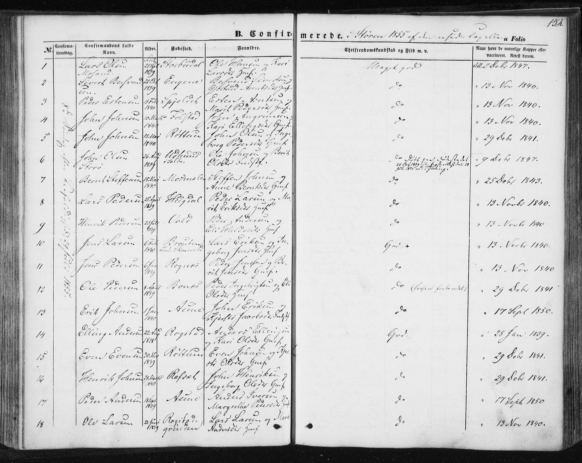 Ministerialprotokoller, klokkerbøker og fødselsregistre - Sør-Trøndelag, AV/SAT-A-1456/687/L1000: Parish register (official) no. 687A06, 1848-1869, p. 154