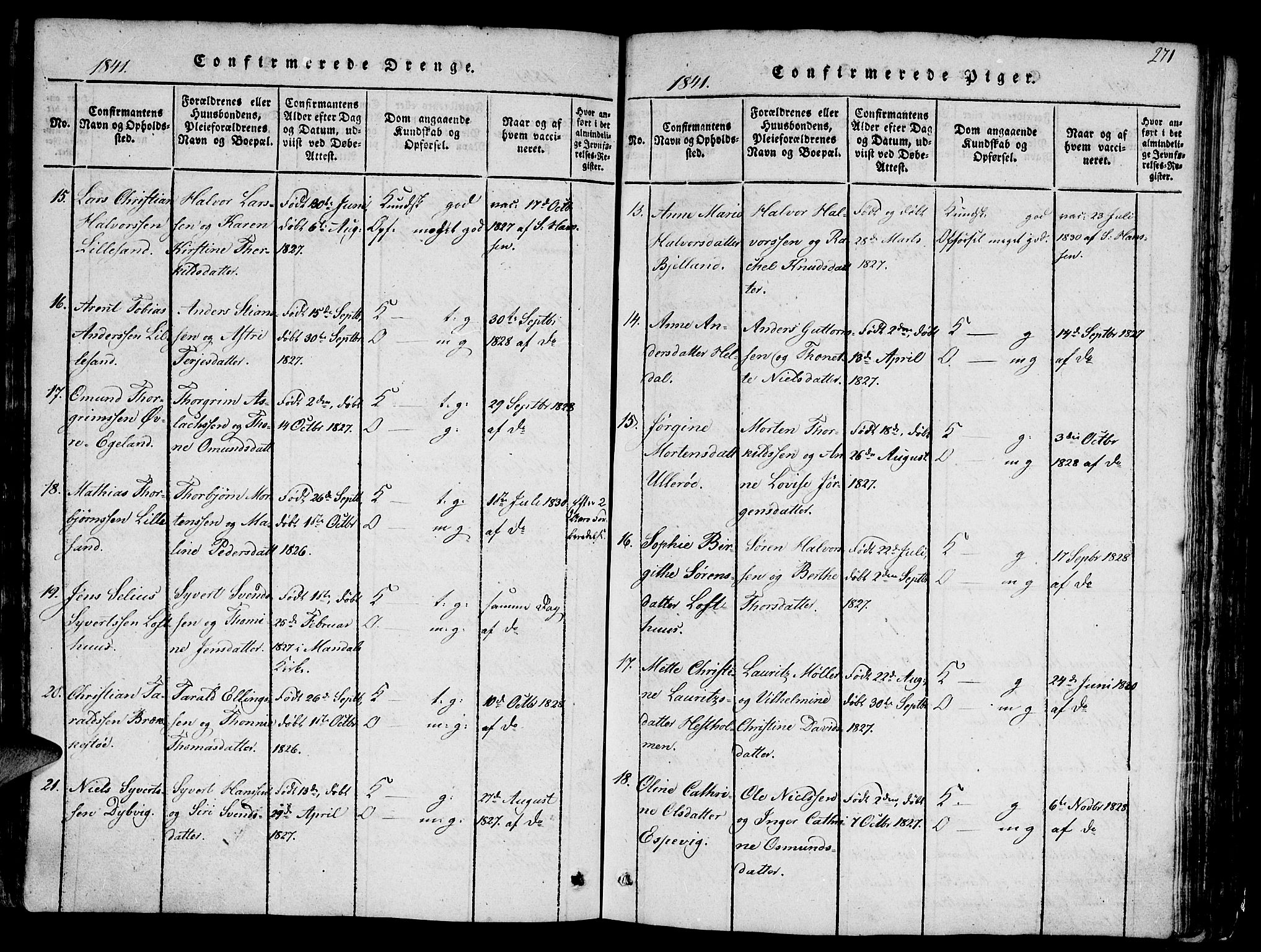 Vestre Moland sokneprestkontor, AV/SAK-1111-0046/F/Fb/Fbb/L0001: Parish register (copy) no. B 1, 1816-1851, p. 271