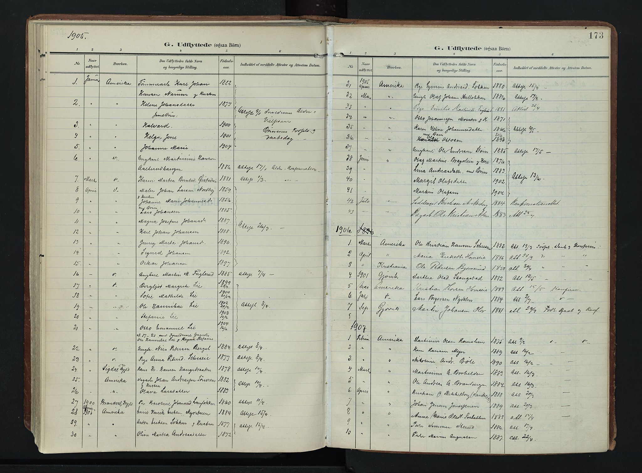 Søndre Land prestekontor, AV/SAH-PREST-122/K/L0007: Parish register (official) no. 7, 1905-1914, p. 173