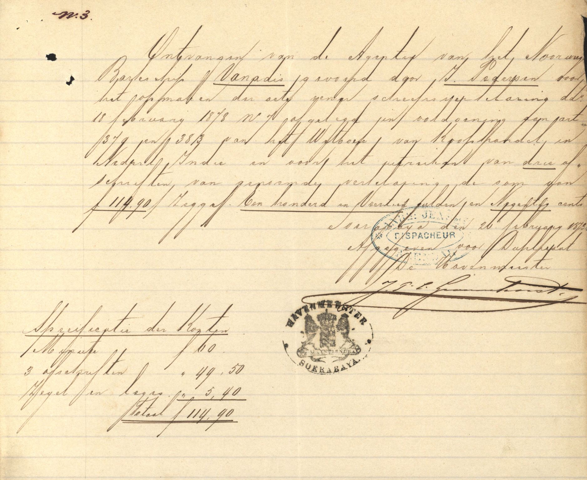 Pa 63 - Østlandske skibsassuranceforening, VEMU/A-1079/G/Ga/L0010/0005: Havaridokumenter / Vanadis, 1878