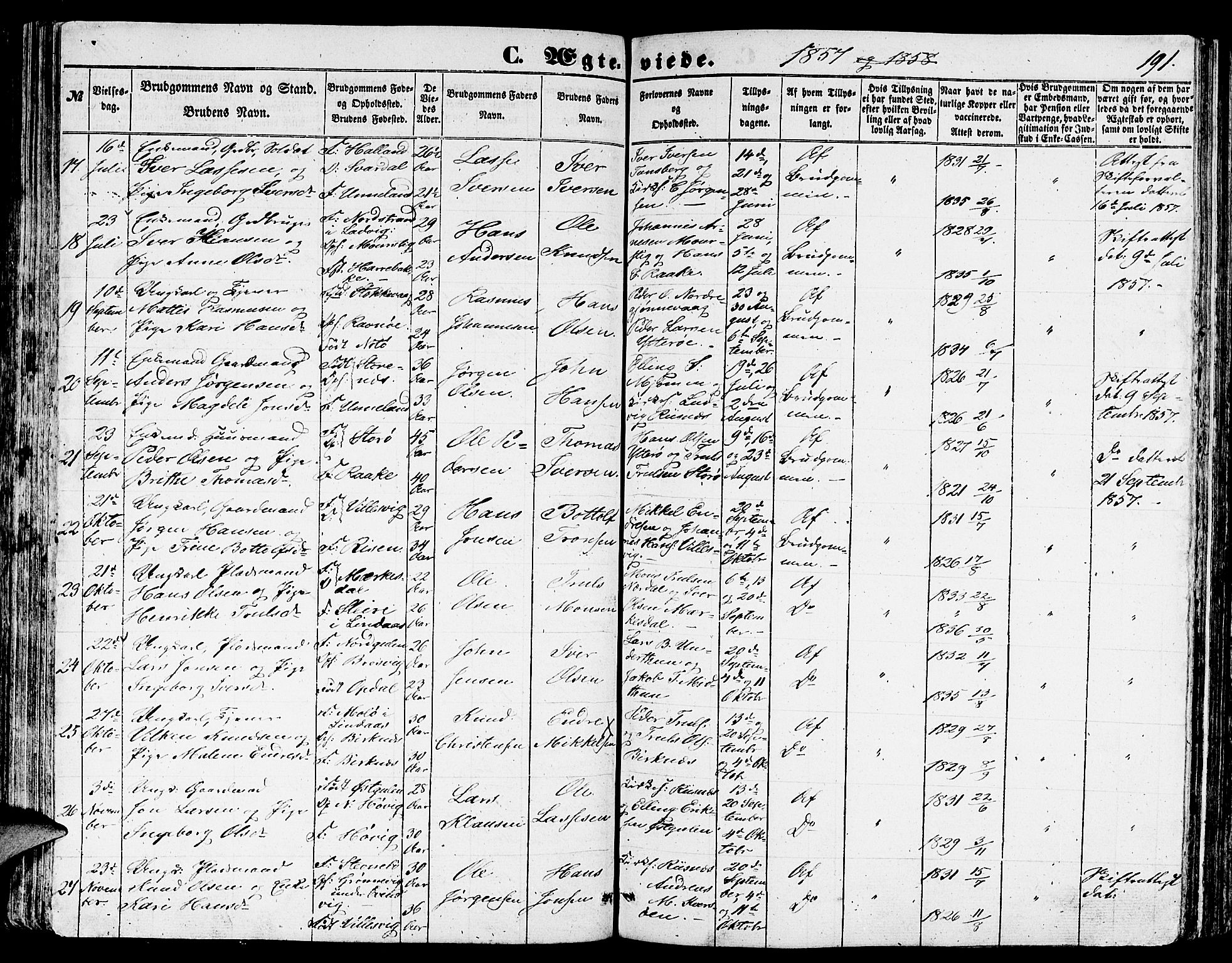 Gulen sokneprestembete, AV/SAB-A-80201/H/Hab/Habb/L0001: Parish register (copy) no. B 1, 1854-1866, p. 191