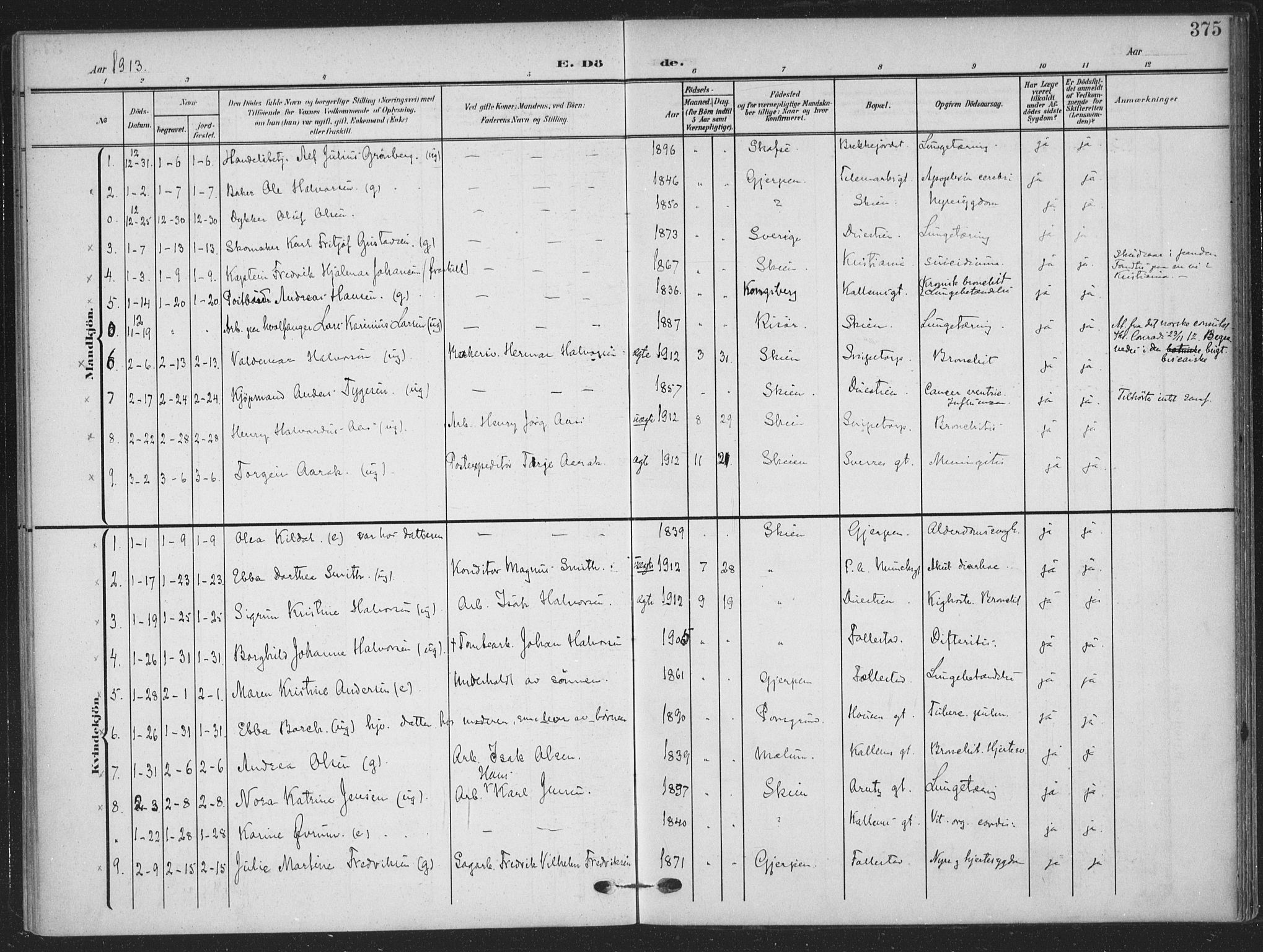 Skien kirkebøker, AV/SAKO-A-302/F/Fa/L0012: Parish register (official) no. 12, 1908-1914, p. 375