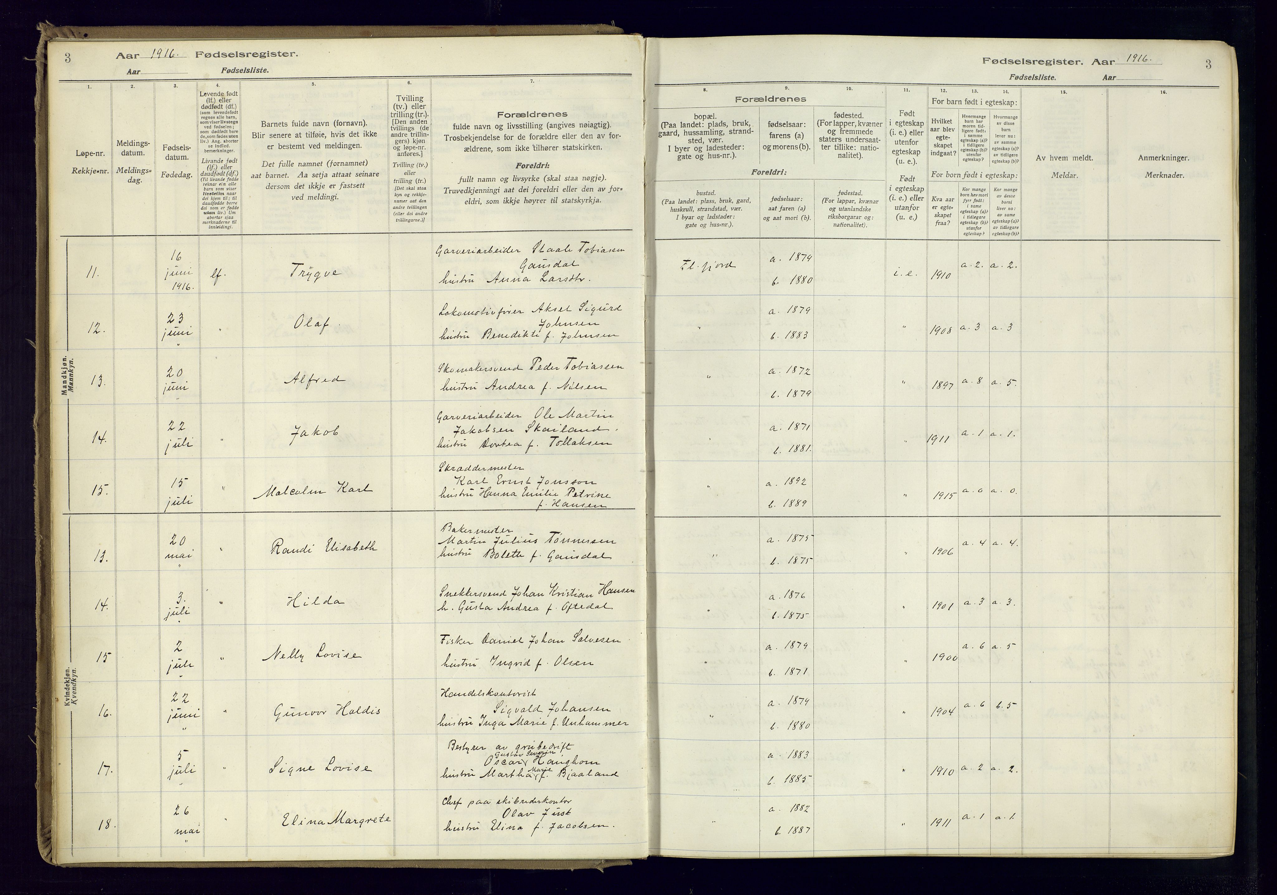 Flekkefjord sokneprestkontor, AV/SAK-1111-0012/J/Ja/L0001: Birth register no. 1, 1916-1948, p. 3