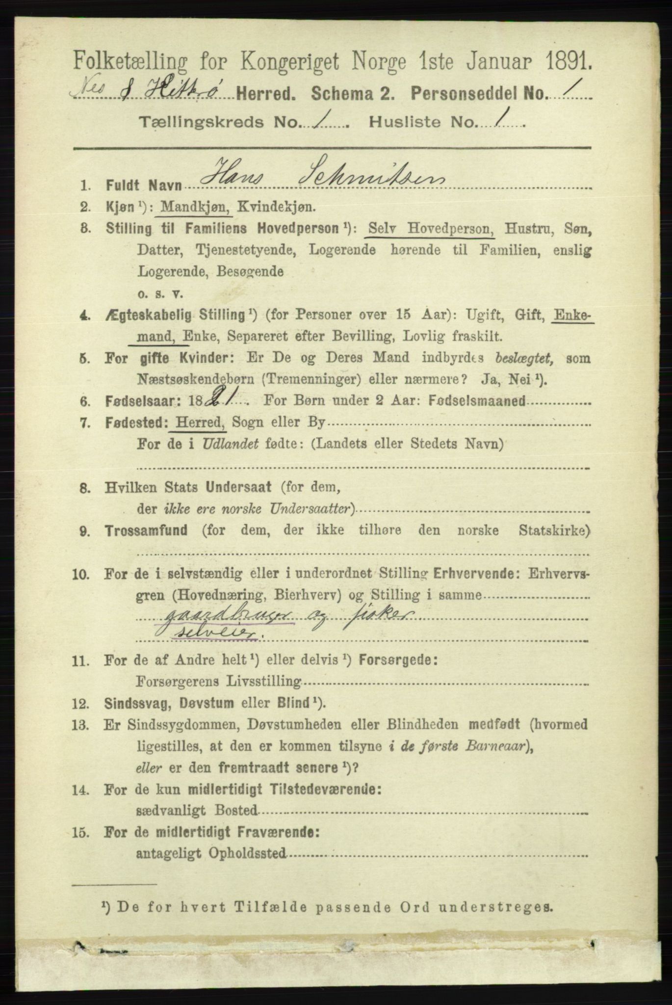 RA, 1891 census for 1043 Hidra og Nes, 1891, p. 98