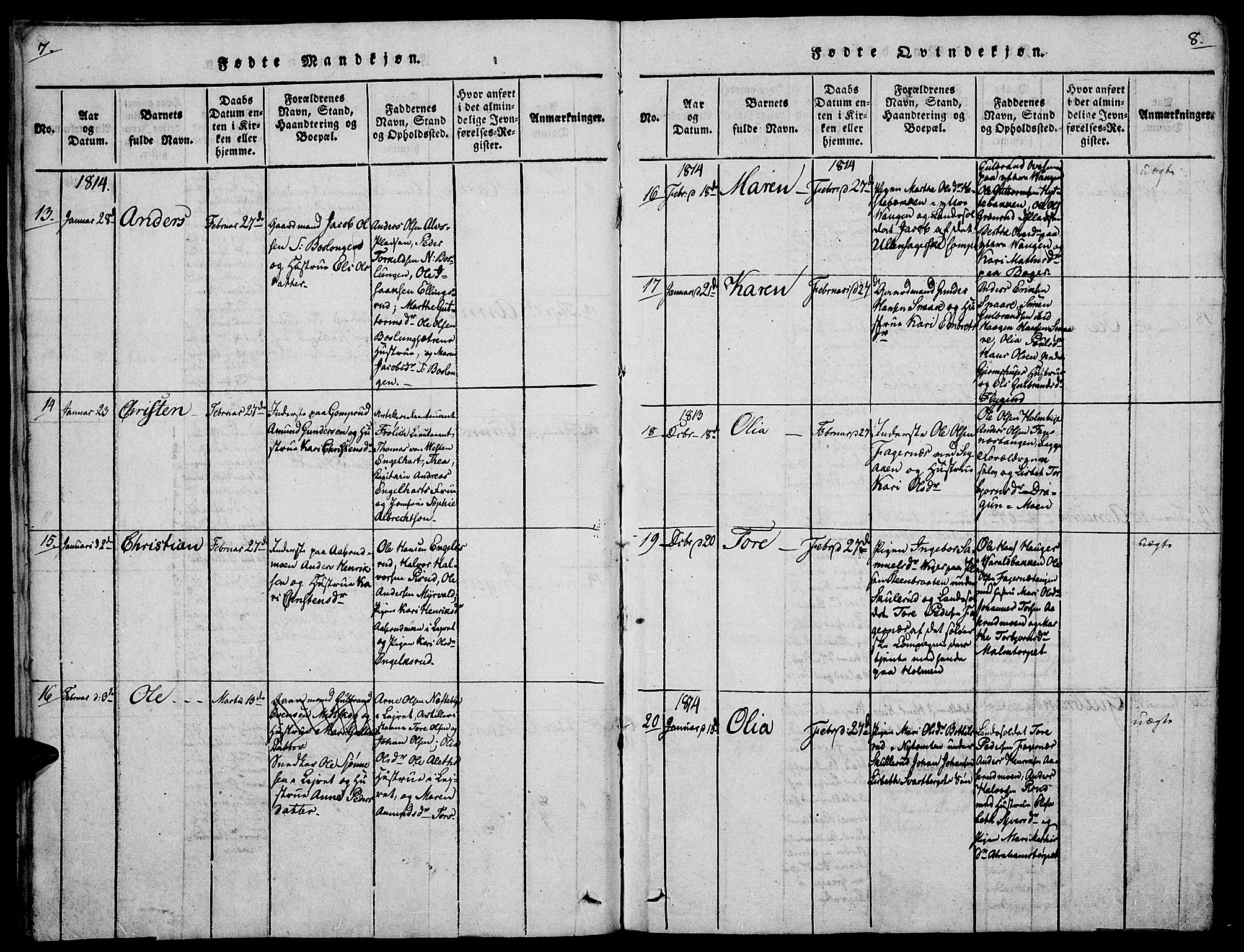 Vinger prestekontor, AV/SAH-PREST-024/H/Ha/Hab/L0001: Parish register (copy) no. 1, 1814-1825, p. 7-8