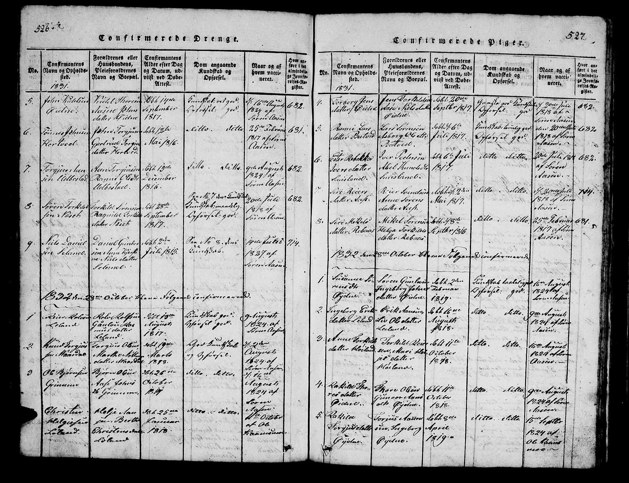 Bjelland sokneprestkontor, SAK/1111-0005/F/Fb/Fbc/L0001: Parish register (copy) no. B 1, 1815-1870, p. 526-527