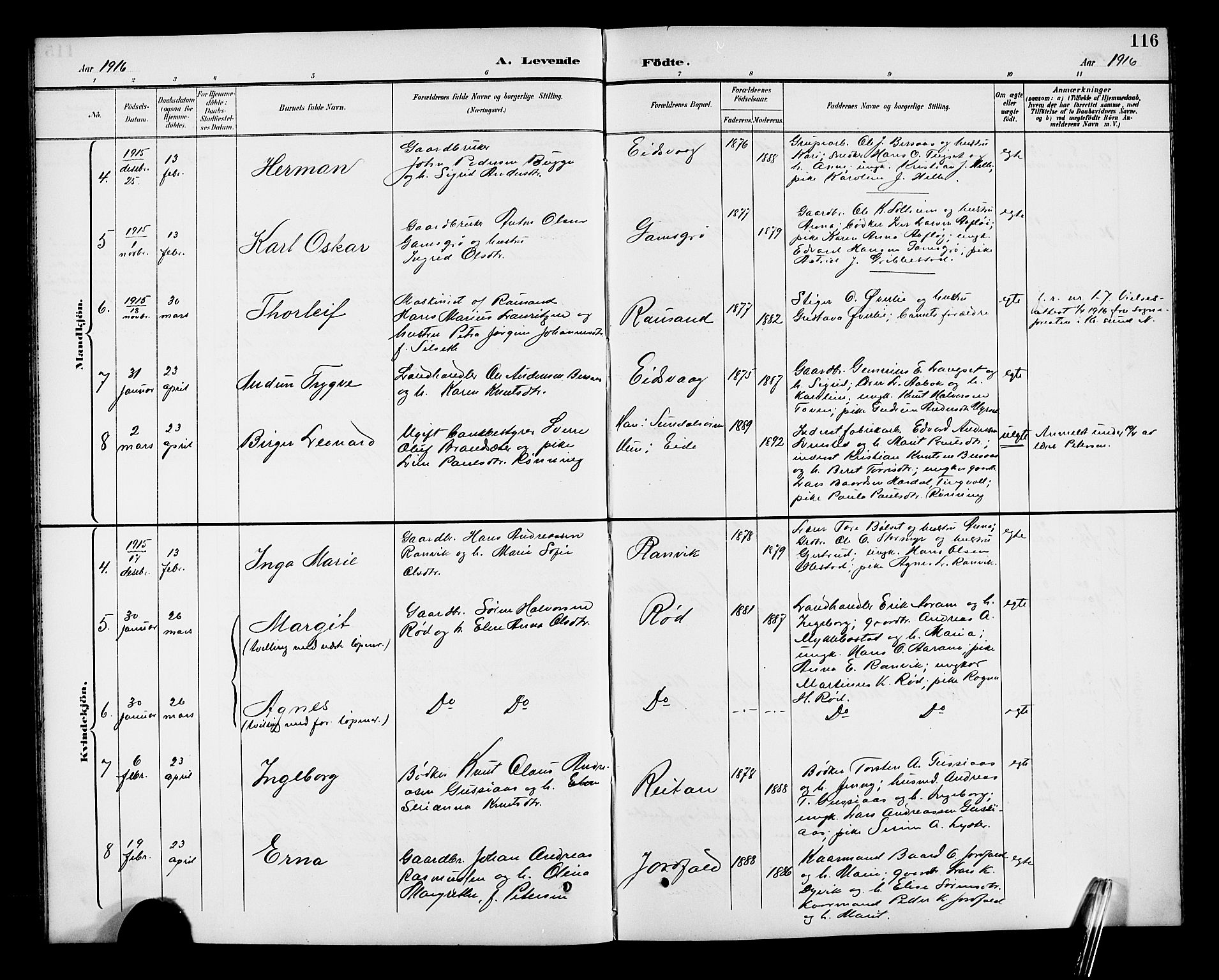 Ministerialprotokoller, klokkerbøker og fødselsregistre - Møre og Romsdal, AV/SAT-A-1454/551/L0632: Parish register (copy) no. 551C04, 1894-1920, p. 116