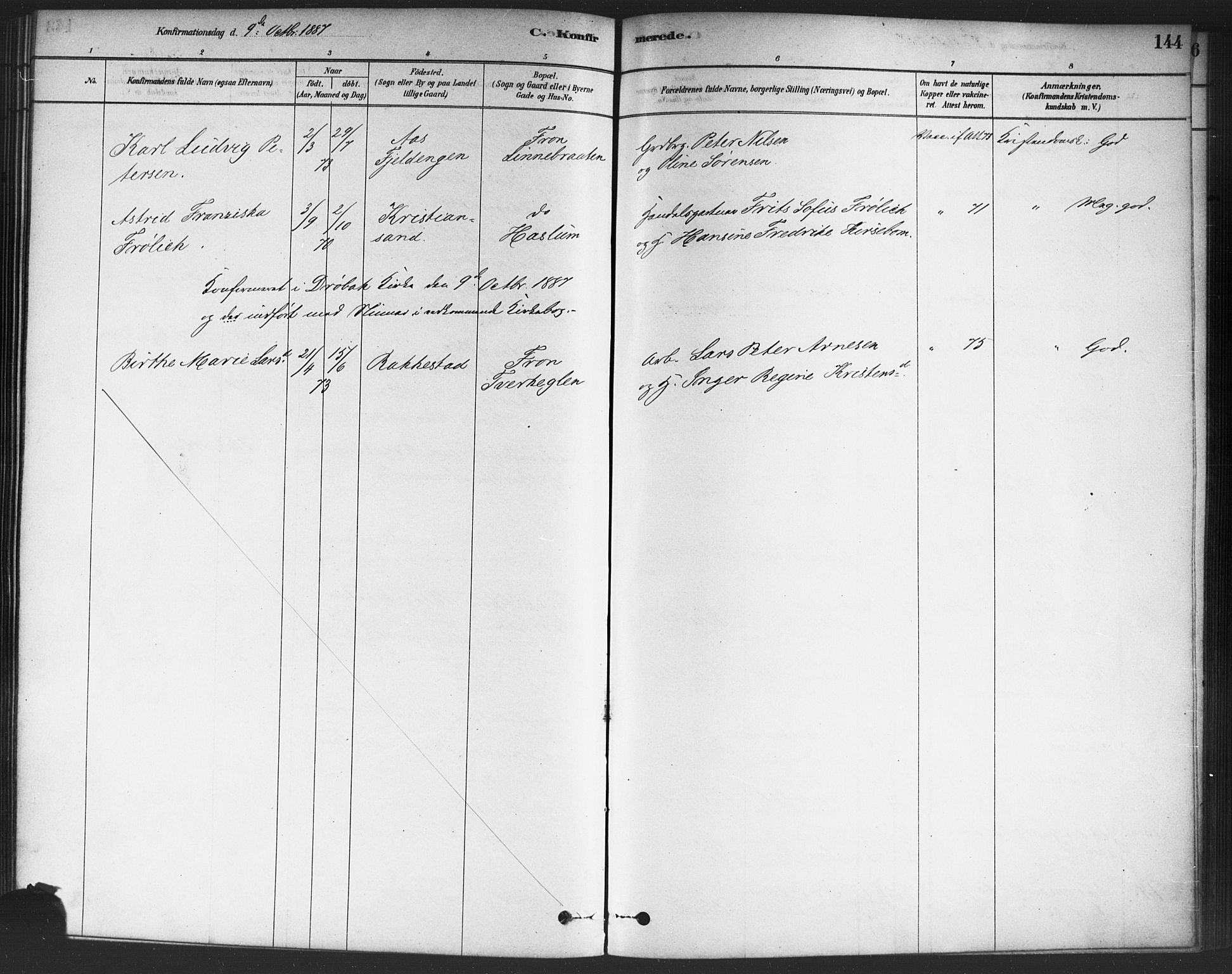 Drøbak prestekontor Kirkebøker, SAO/A-10142a/F/Fc/L0002: Parish register (official) no. III 2, 1878-1891, p. 144