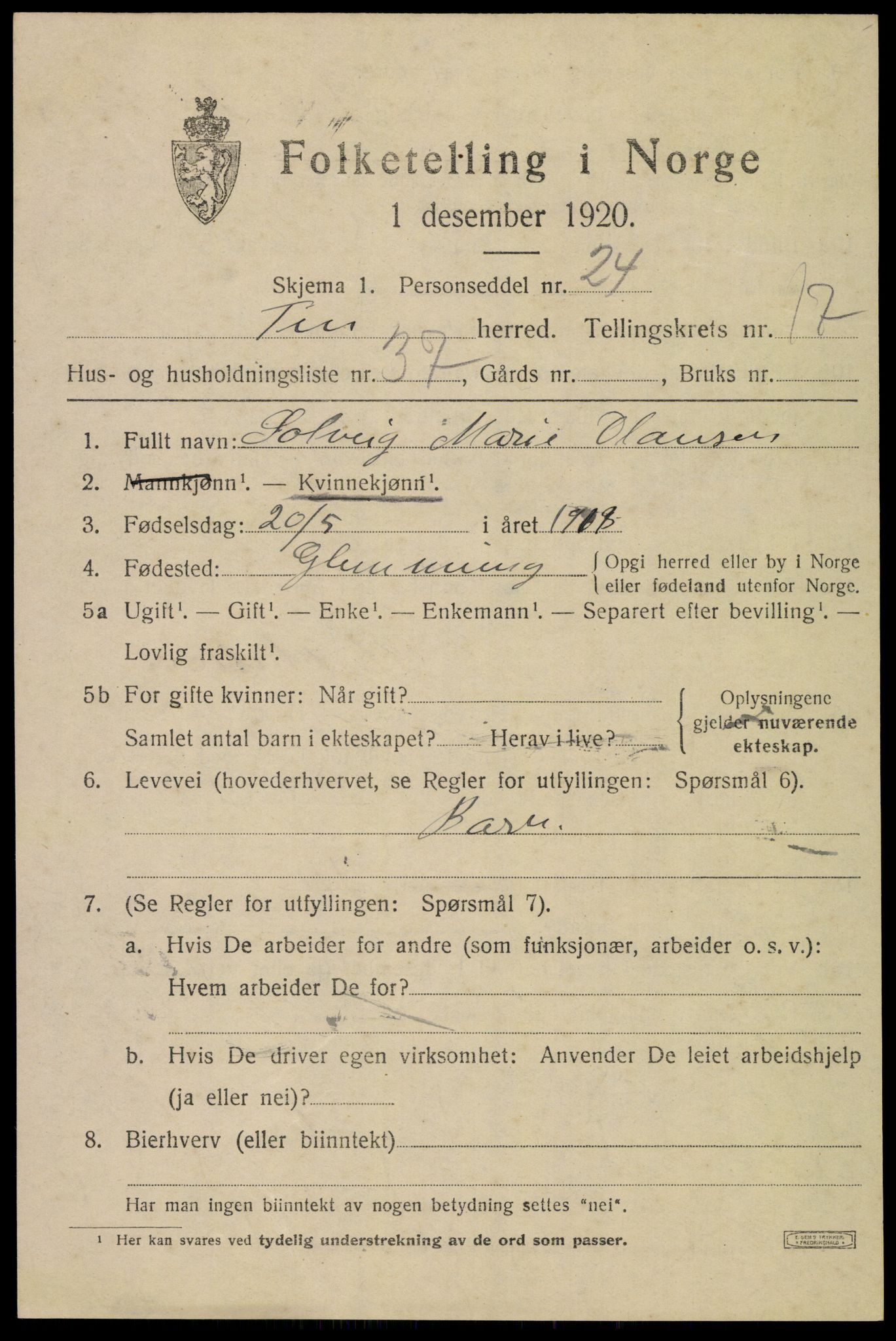 SAKO, 1920 census for Tinn, 1920, p. 19402