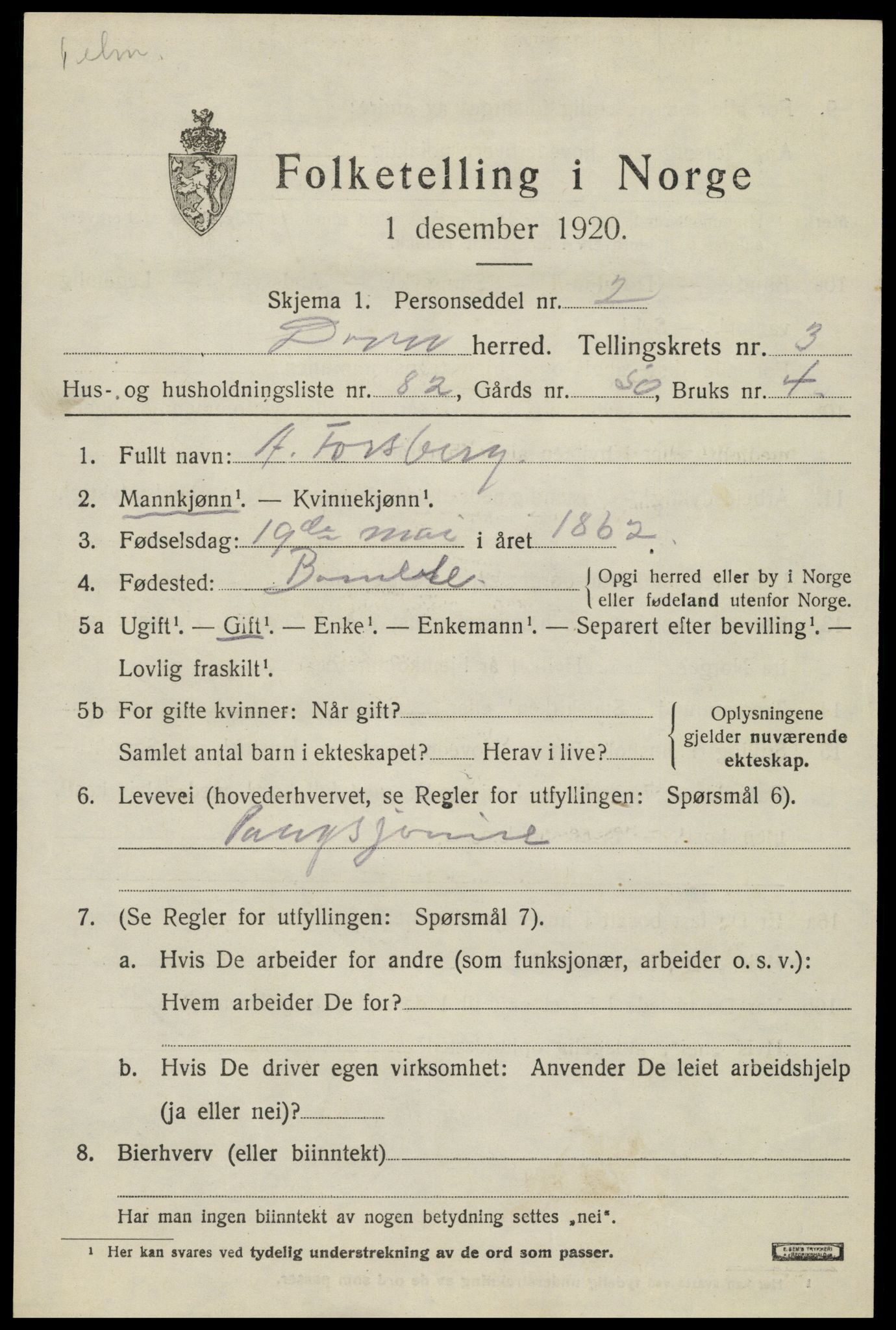 SAH, 1920 census for Dovre, 1920, p. 4538