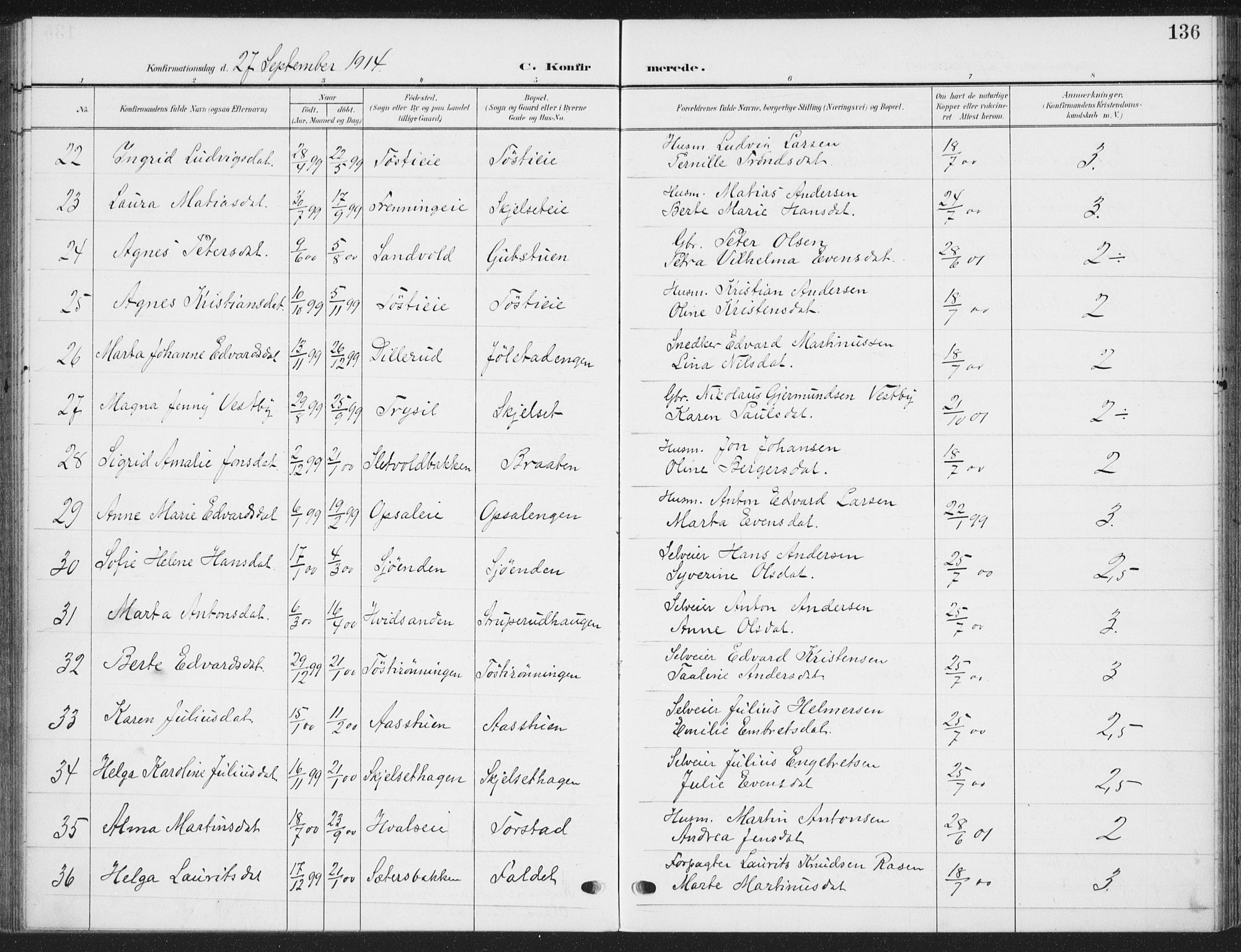 Romedal prestekontor, SAH/PREST-004/K/L0009: Parish register (official) no. 9, 1906-1929, p. 136