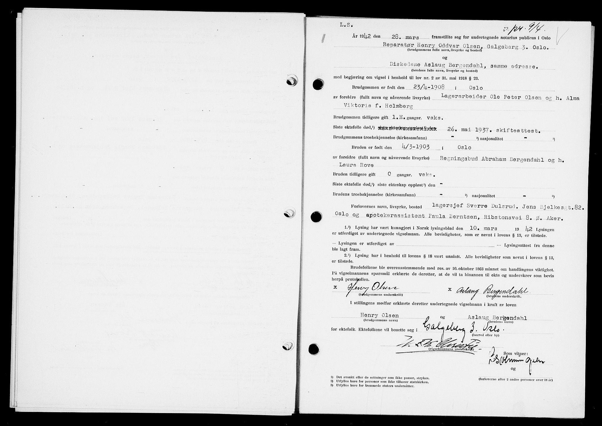 Oslo byfogd avd. I, AV/SAO-A-10220/L/Lb/Lbb/L0039: Notarialprotokoll, rekke II: Vigsler, 1942