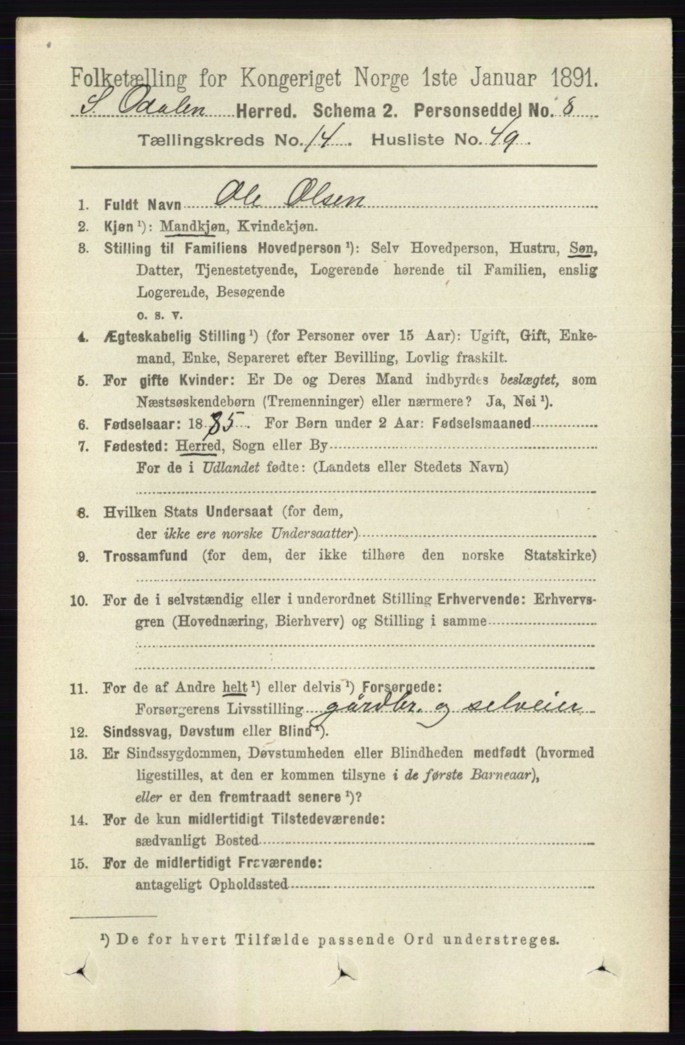RA, 1891 census for 0419 Sør-Odal, 1891, p. 6347