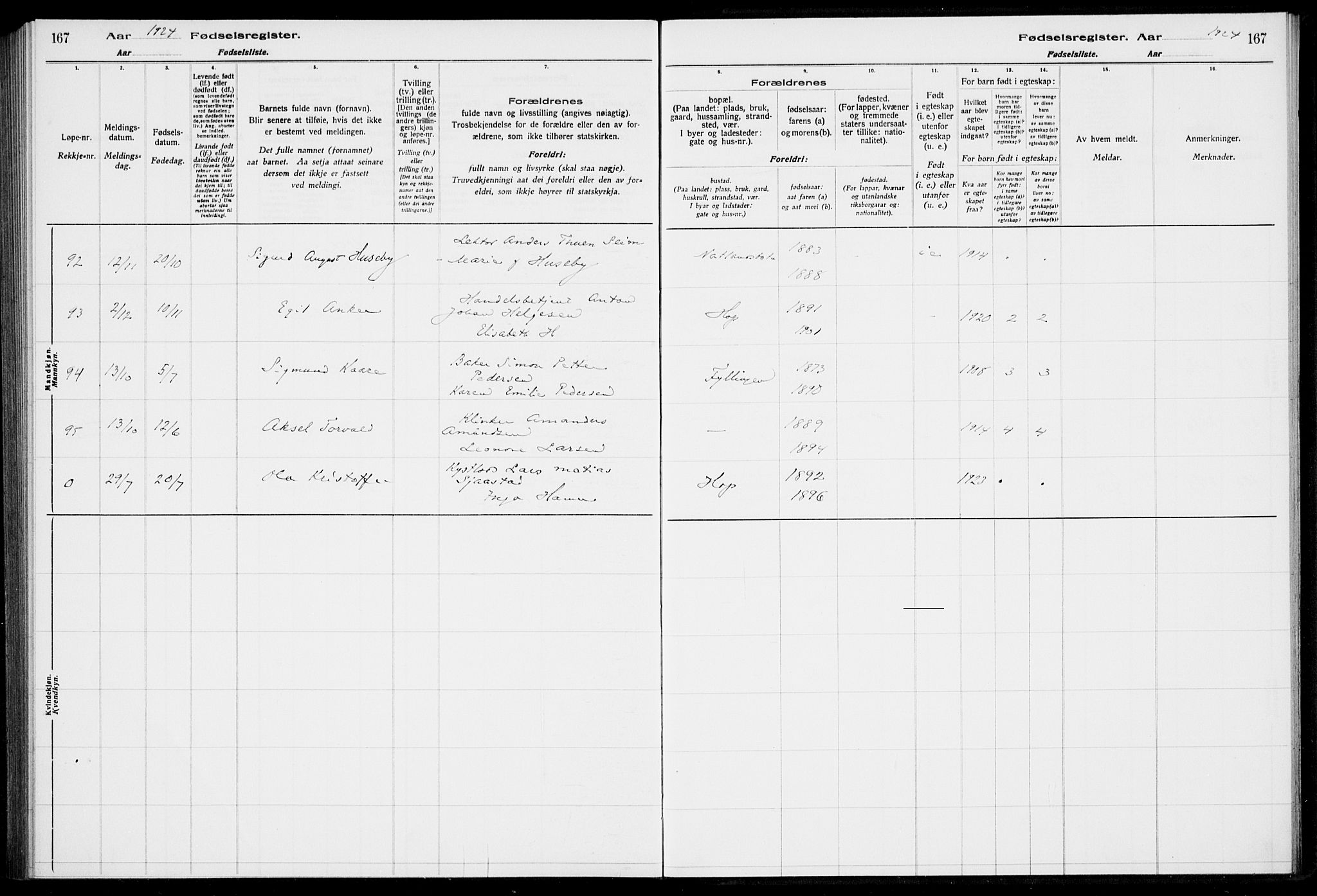 Birkeland Sokneprestembete, AV/SAB-A-74601/I/Id/L00A1: Birth register no. A 1, 1916-1926, p. 167