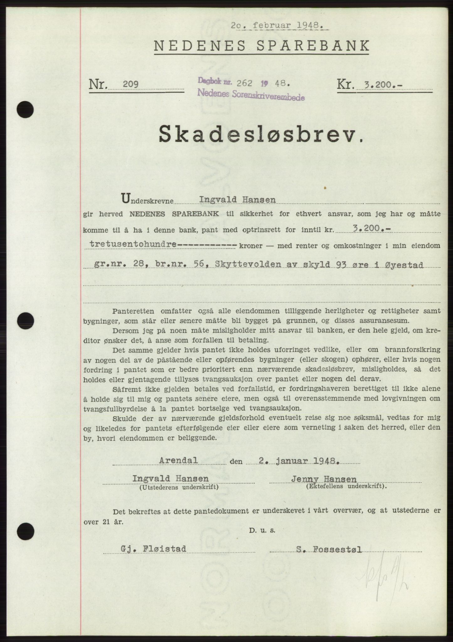 Nedenes sorenskriveri, AV/SAK-1221-0006/G/Gb/Gbb/L0005: Mortgage book no. B5, 1948-1948, Diary no: : 262/1948