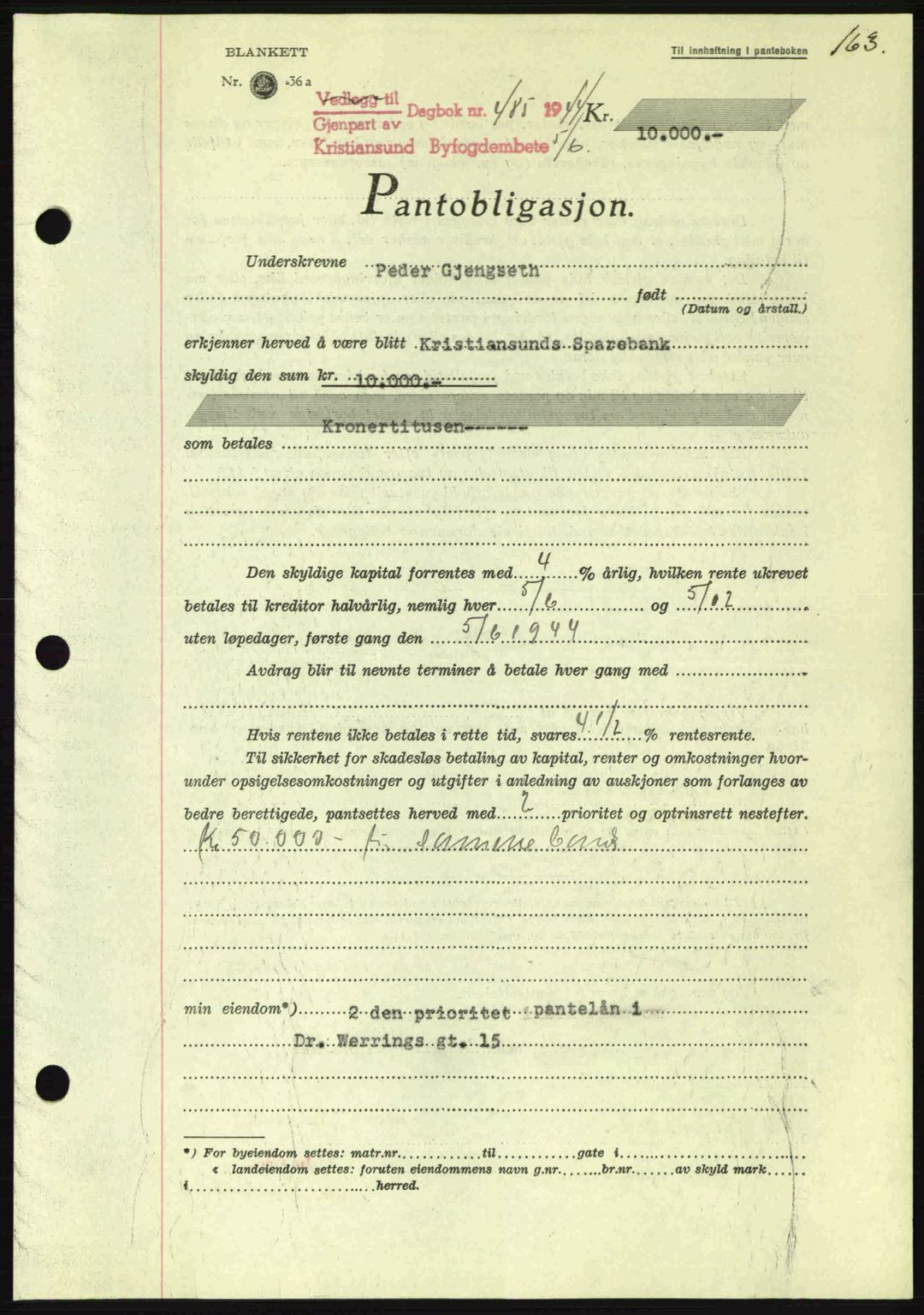 Kristiansund byfogd, SAT/A-4587/A/27: Mortgage book no. 37-38, 1943-1945, Diary no: : 485/1944