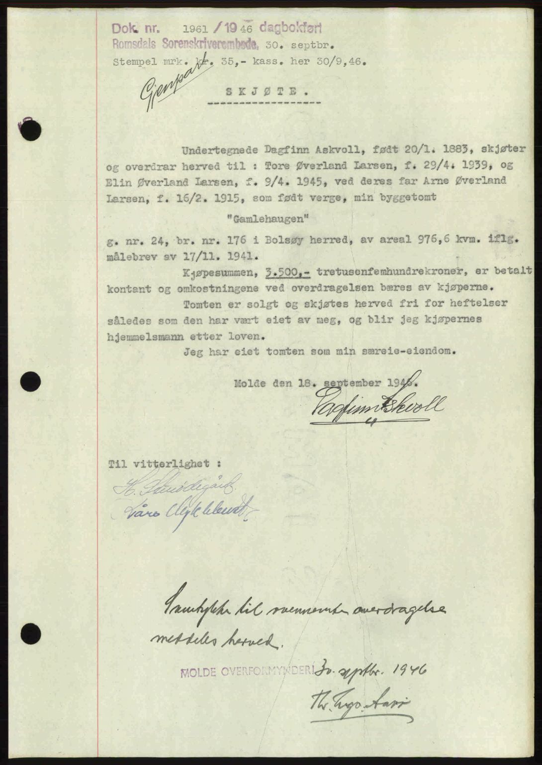 Romsdal sorenskriveri, AV/SAT-A-4149/1/2/2C: Mortgage book no. A21, 1946-1946, Diary no: : 1961/1946