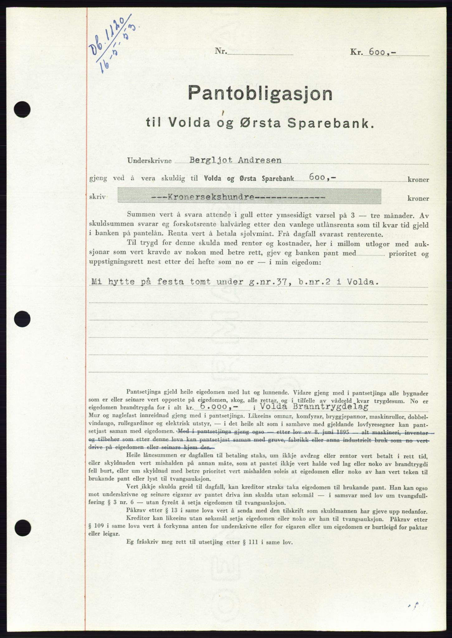 Søre Sunnmøre sorenskriveri, AV/SAT-A-4122/1/2/2C/L0123: Mortgage book no. 11B, 1953-1953, Diary no: : 1120/1953