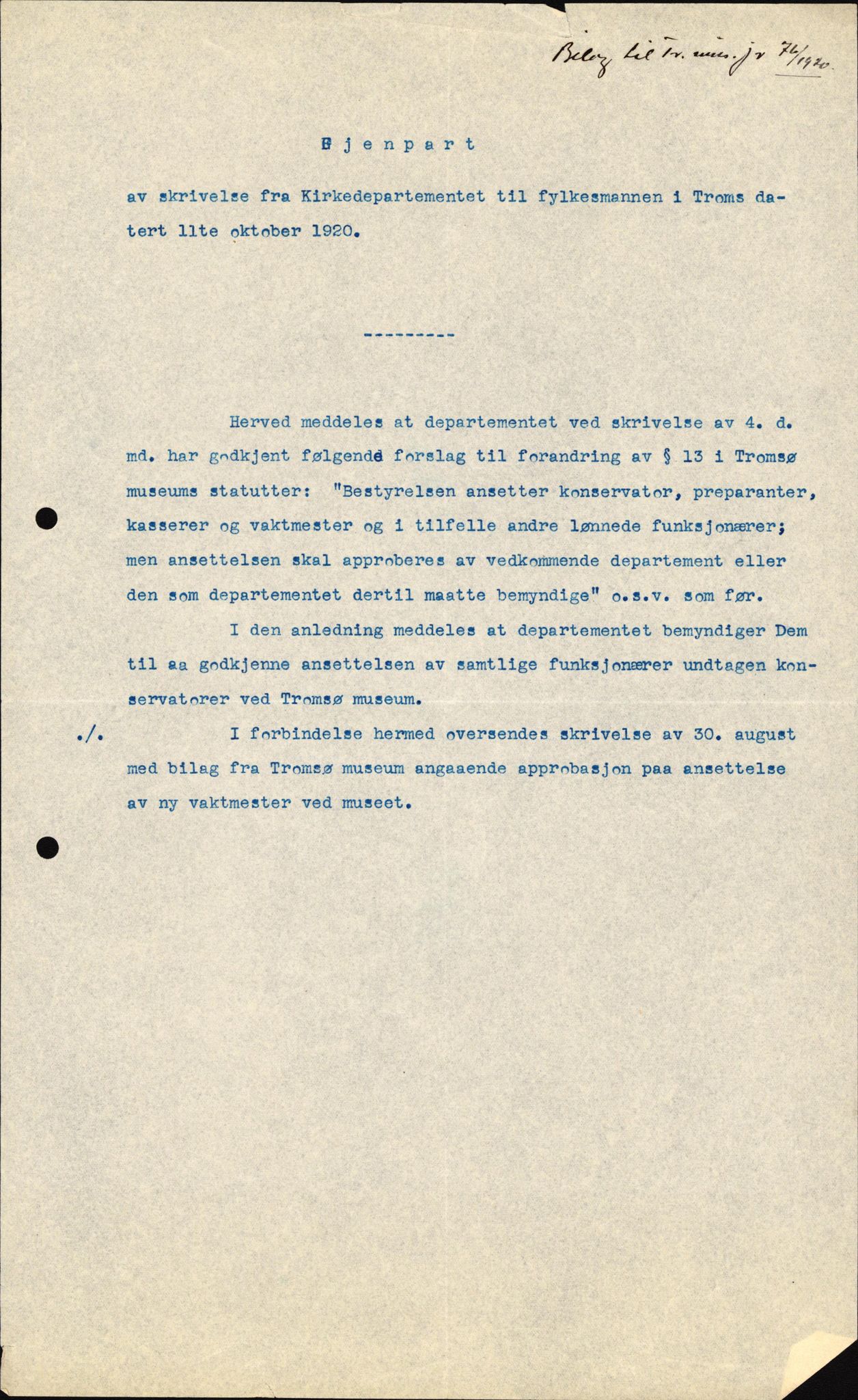 Tromsø Museum, AV/SATØ-S-0162/D/Da/L0030: Journalsaker og innkomne brev, 1906-1920, p. 466