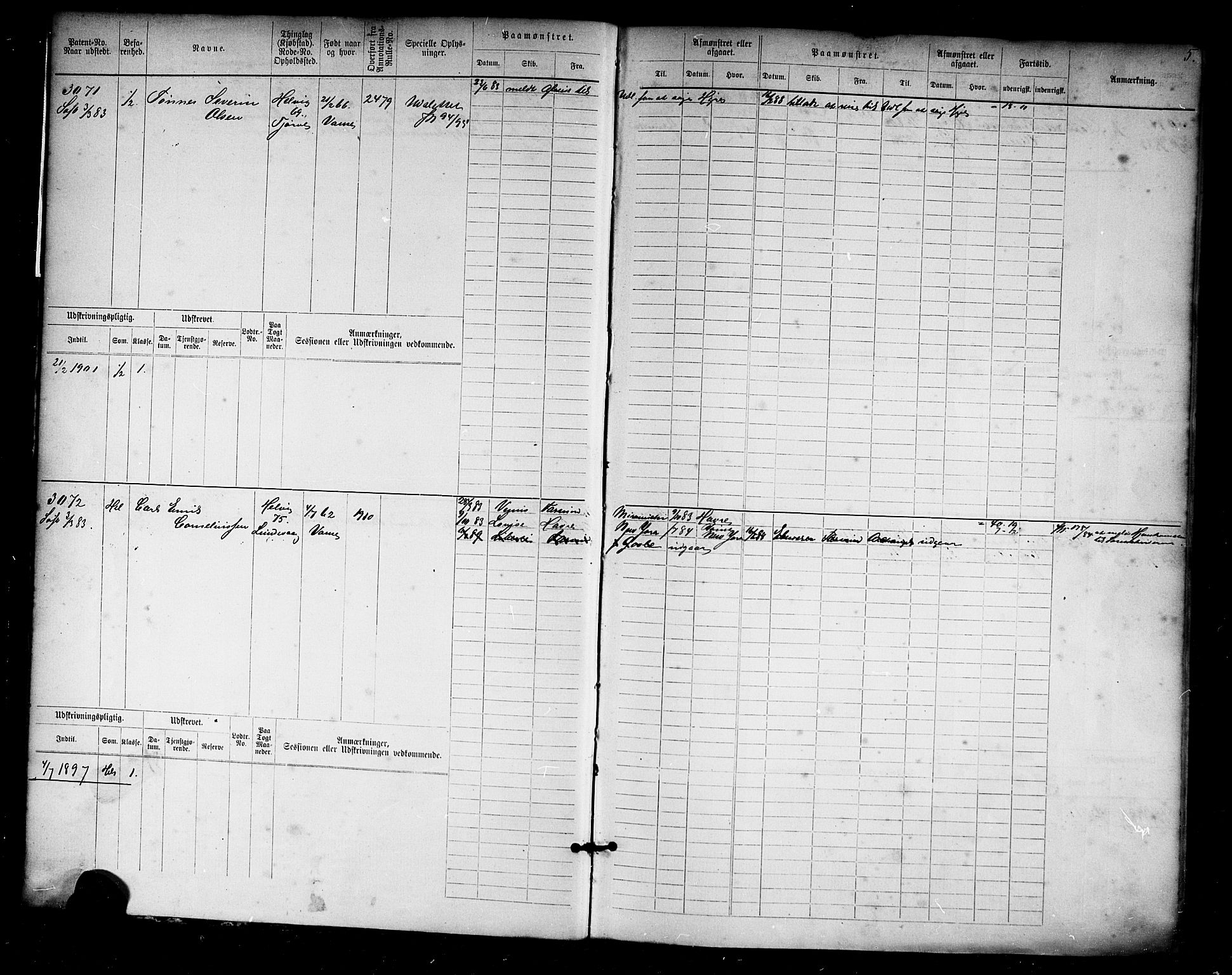 Farsund mønstringskrets, AV/SAK-2031-0017/F/Fb/L0019: Hovedrulle nr 3067-3832, Z-11, 1882-1922, p. 5