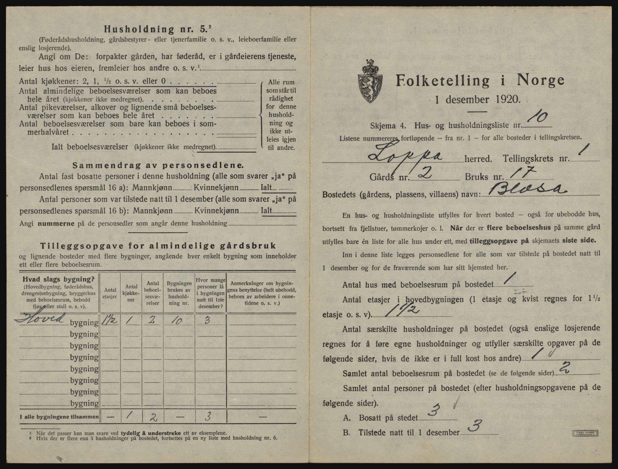 SATØ, 1920 census for Loppa, 1920, p. 52