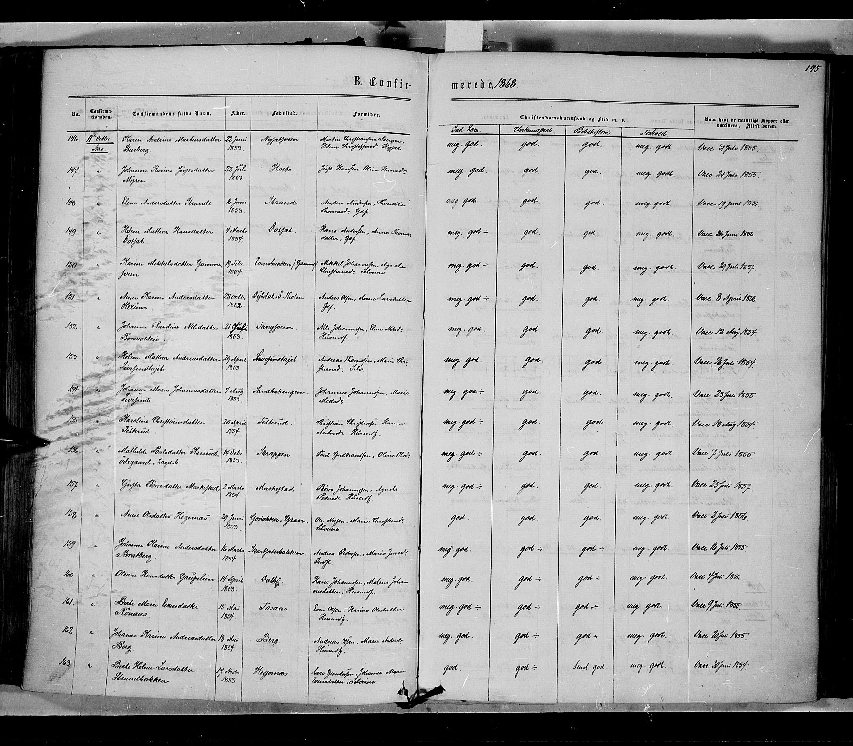 Vestre Toten prestekontor, AV/SAH-PREST-108/H/Ha/Haa/L0007: Parish register (official) no. 7, 1862-1869, p. 195