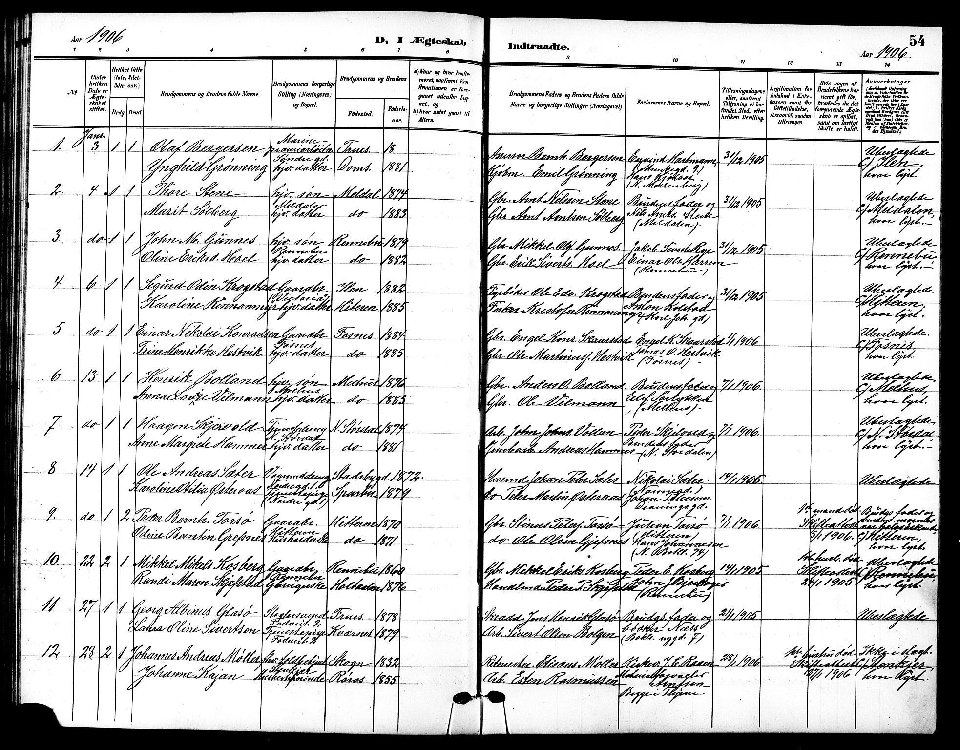 Ministerialprotokoller, klokkerbøker og fødselsregistre - Sør-Trøndelag, SAT/A-1456/601/L0095: Parish register (copy) no. 601C13, 1902-1911, p. 54