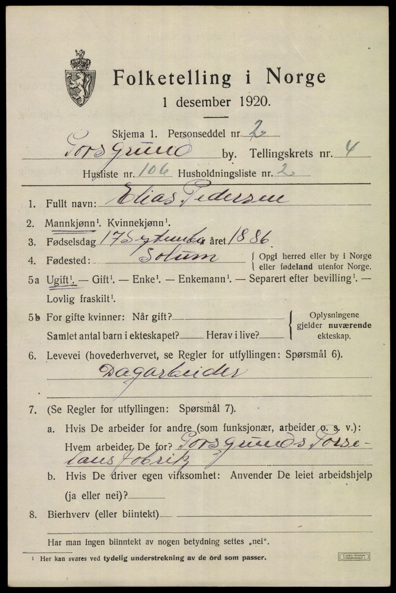 SAKO, 1920 census for Porsgrunn, 1920, p. 19939