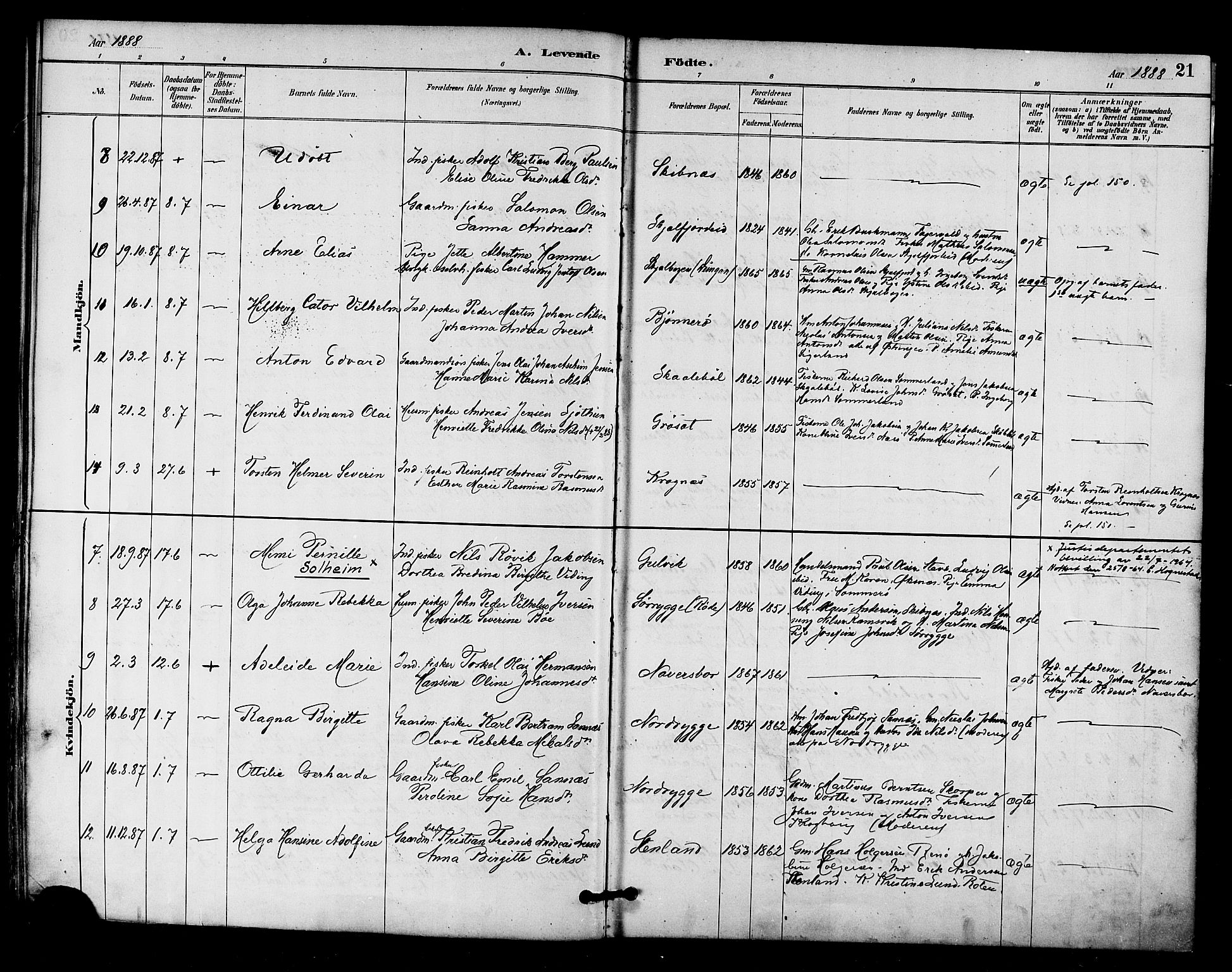 Ministerialprotokoller, klokkerbøker og fødselsregistre - Nordland, AV/SAT-A-1459/893/L1337: Parish register (official) no. 893A09, 1885-1893, p. 21