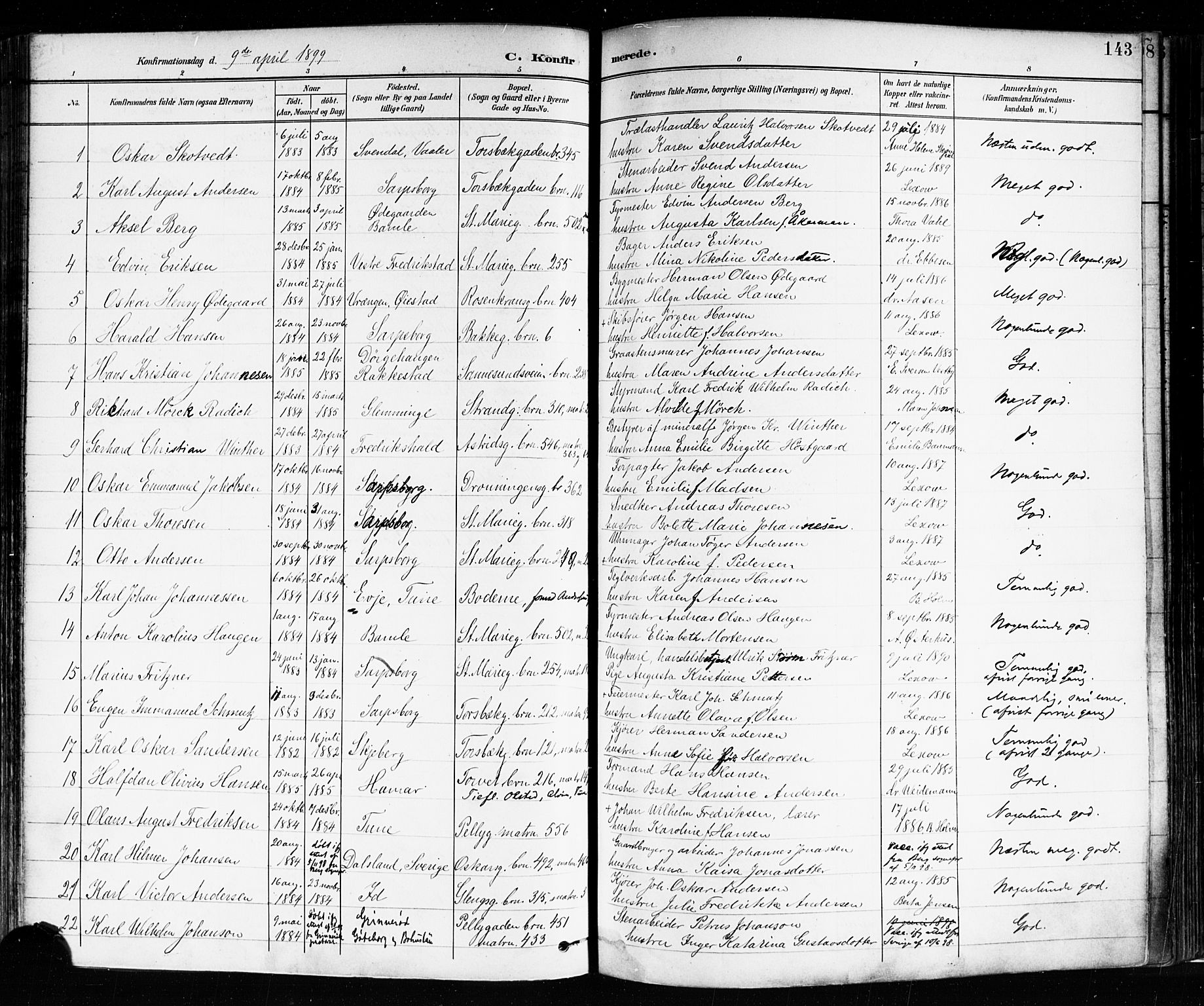 Sarpsborg prestekontor Kirkebøker, SAO/A-2006/F/Fa/L0004: Parish register (official) no. 4, 1892-1899, p. 143