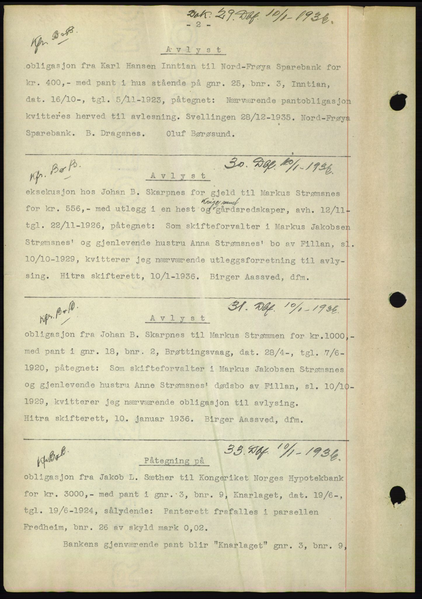 Hitra sorenskriveri, AV/SAT-A-0018/2/2C/2Ca: Mortgage book no. C1, 1936-1945, Diary no: : 29/1936