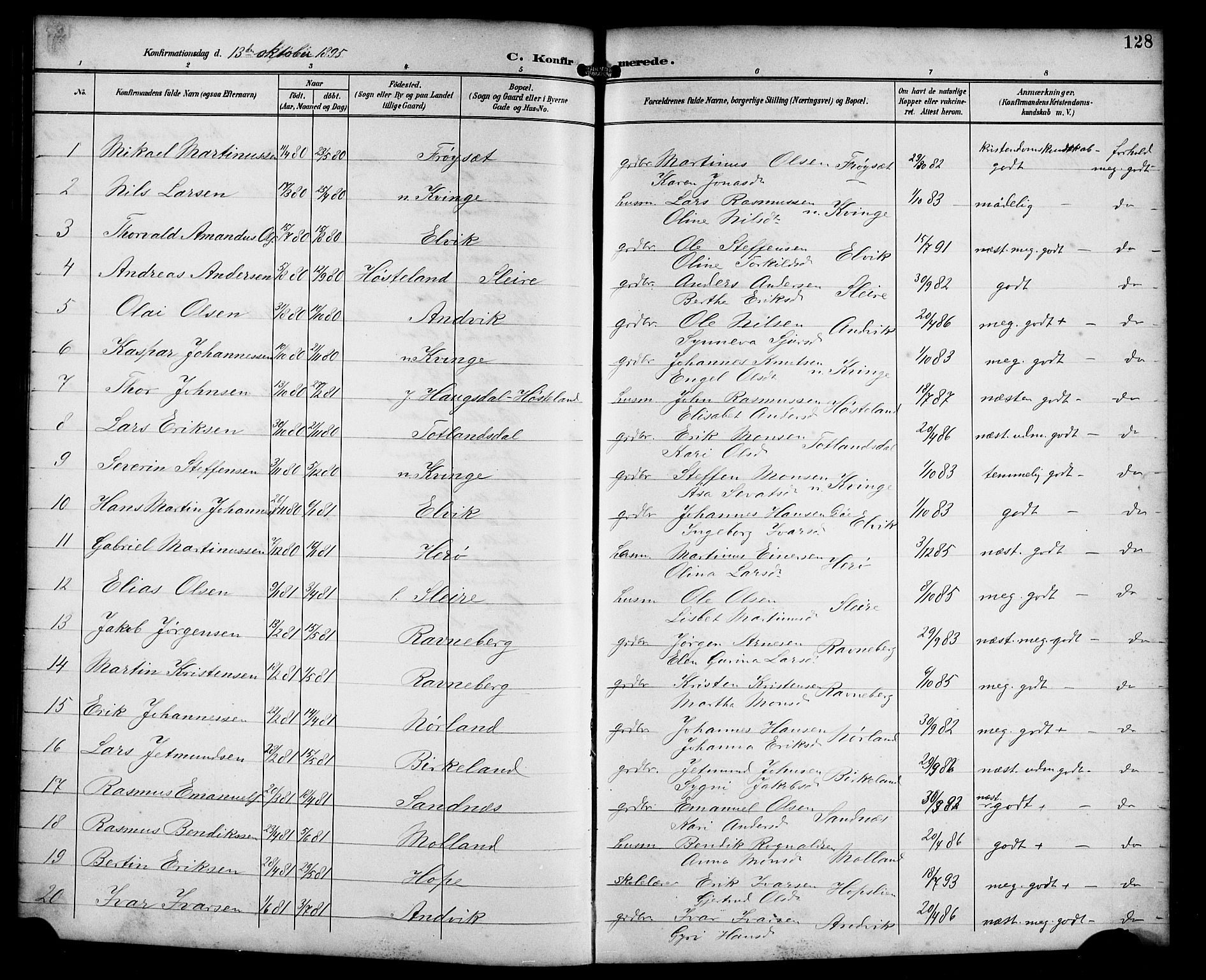 Masfjorden Sokneprestembete, AV/SAB-A-77001: Parish register (copy) no. B 1, 1892-1913, p. 128